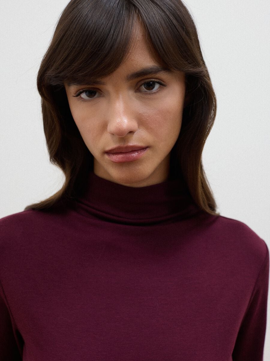 Purple lyocell and stretch wool mock-neck T-shirt, regular fit_1