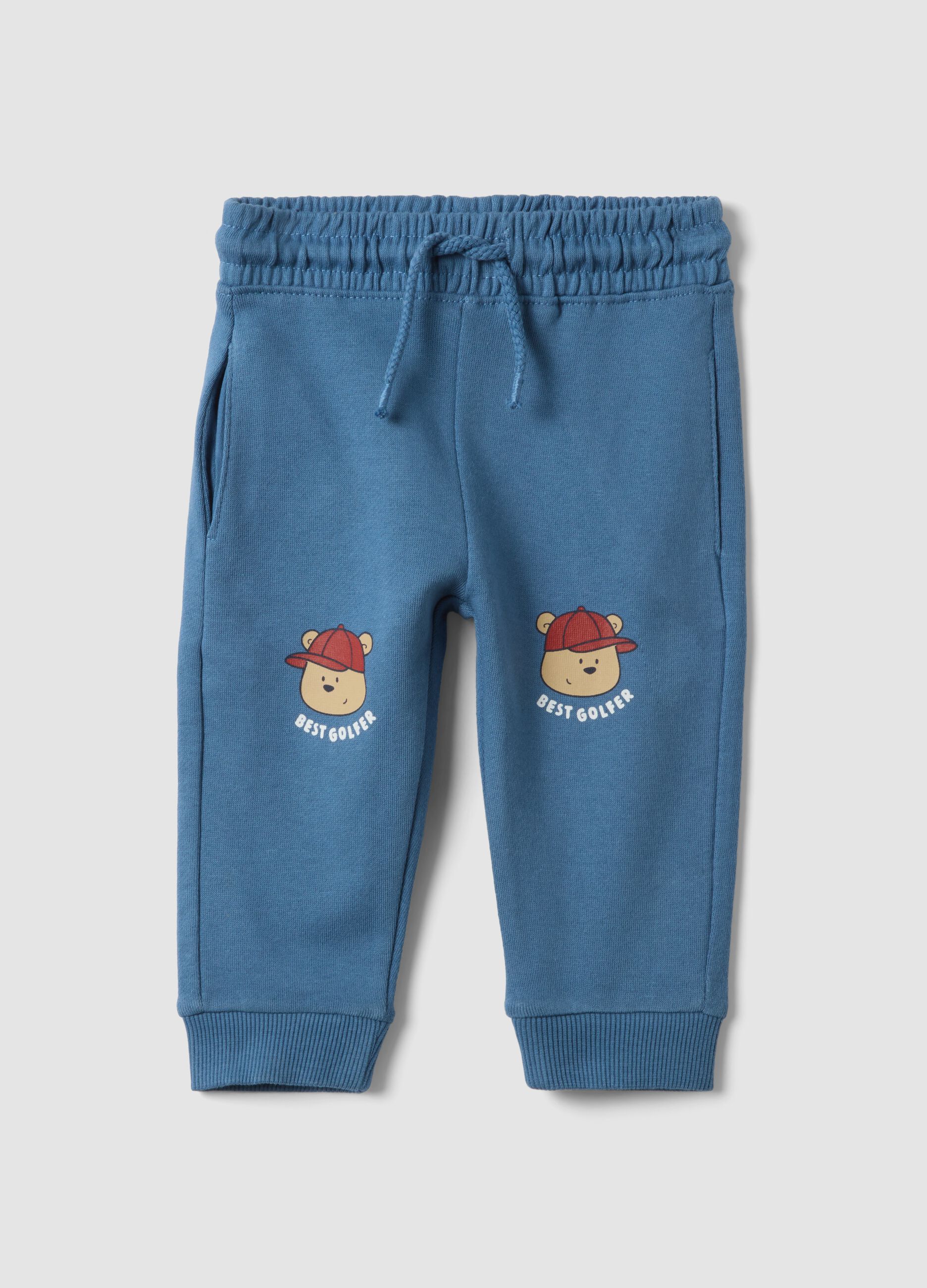 Blue pure cotton jogger trousers with teddy bear print