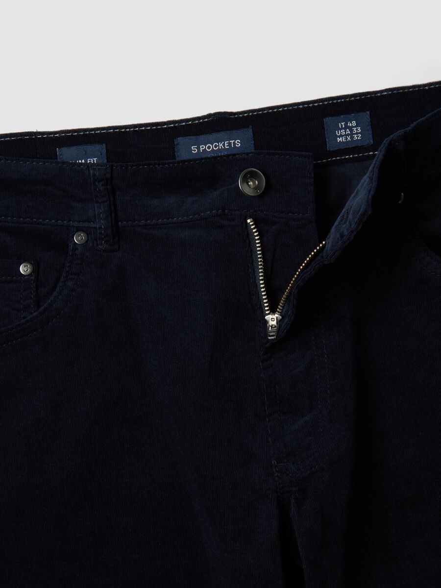 Blue ribbed slim-fit stretch cotton trousers_1