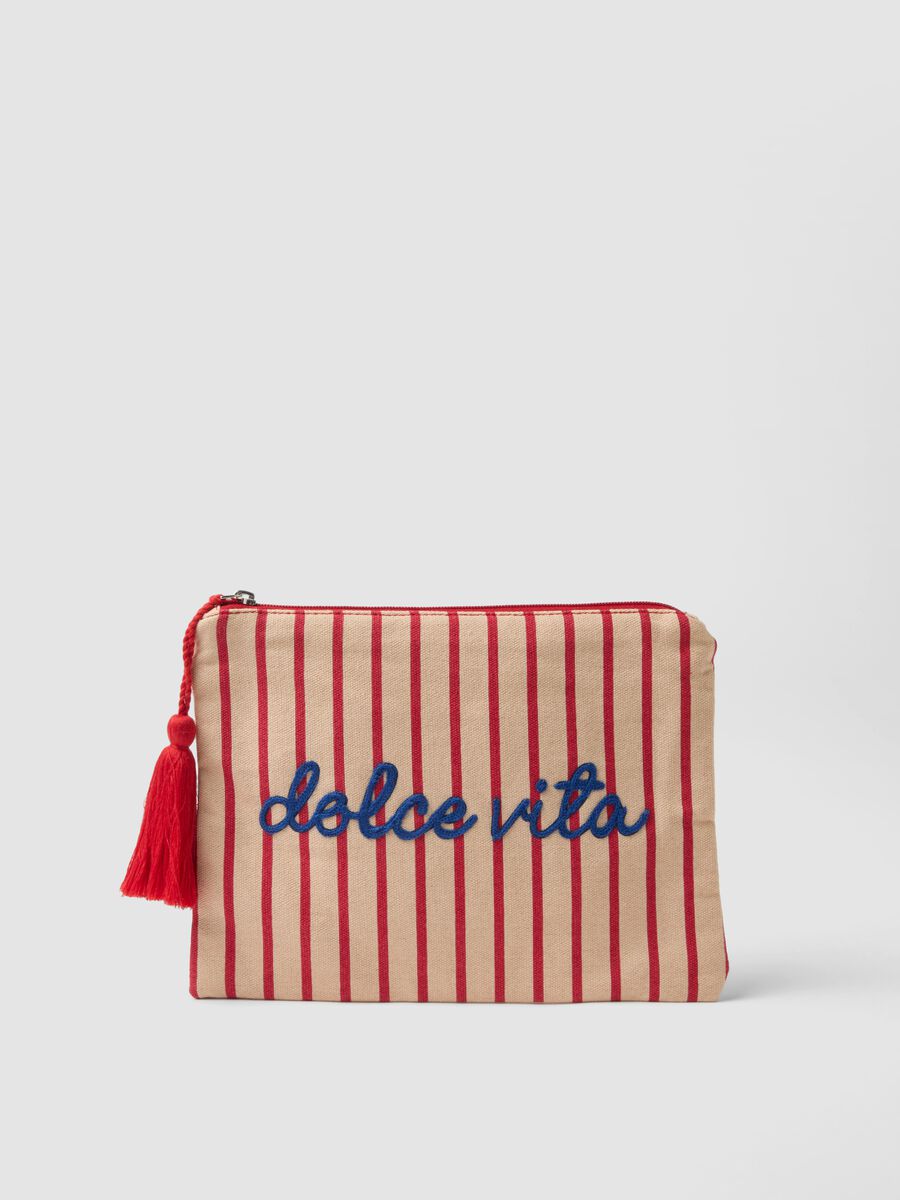 Beige pure cotton pouch with red stripes, tassel and zip_0