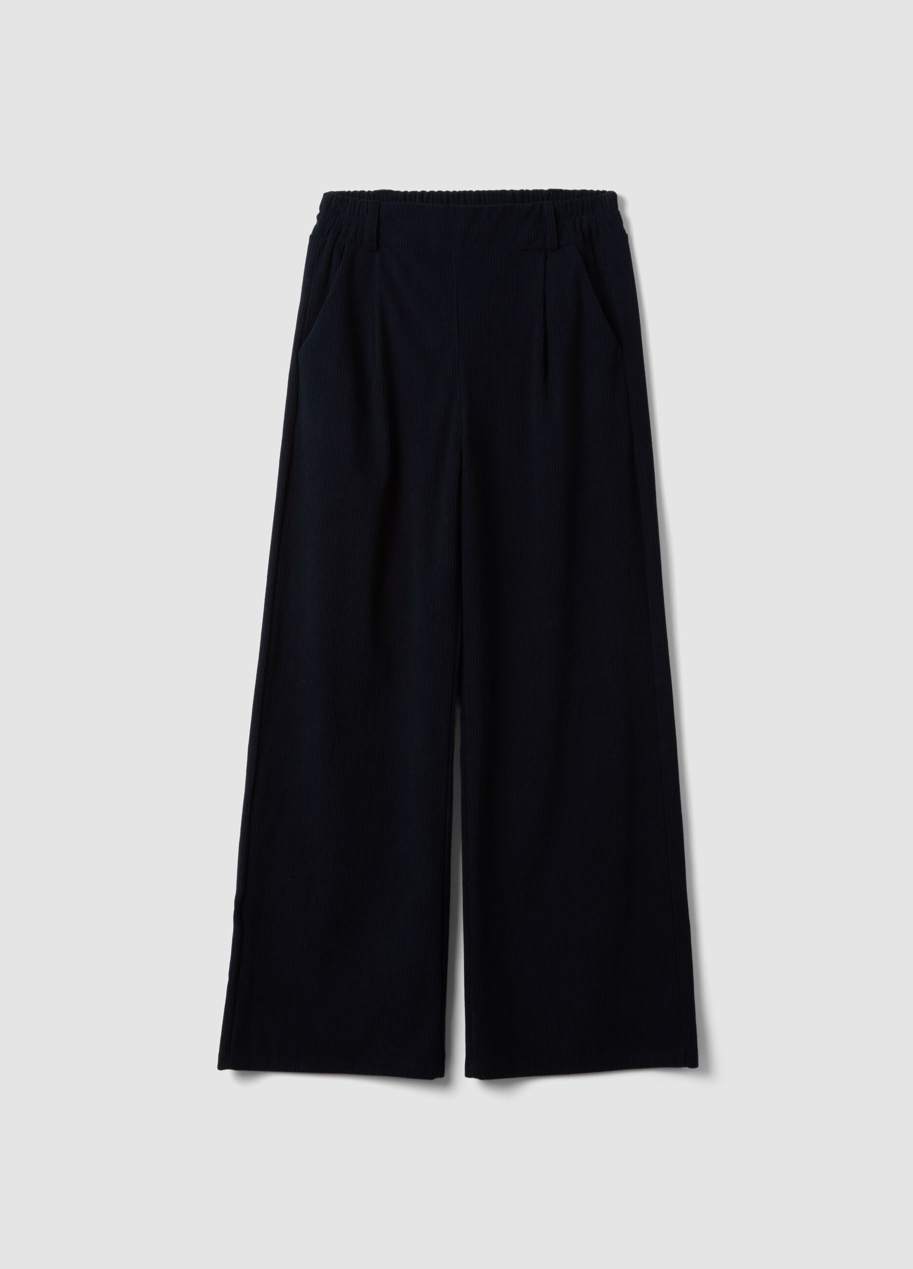 Navyblaue Rippstrickhose mit weitem Bein, Regular Fit