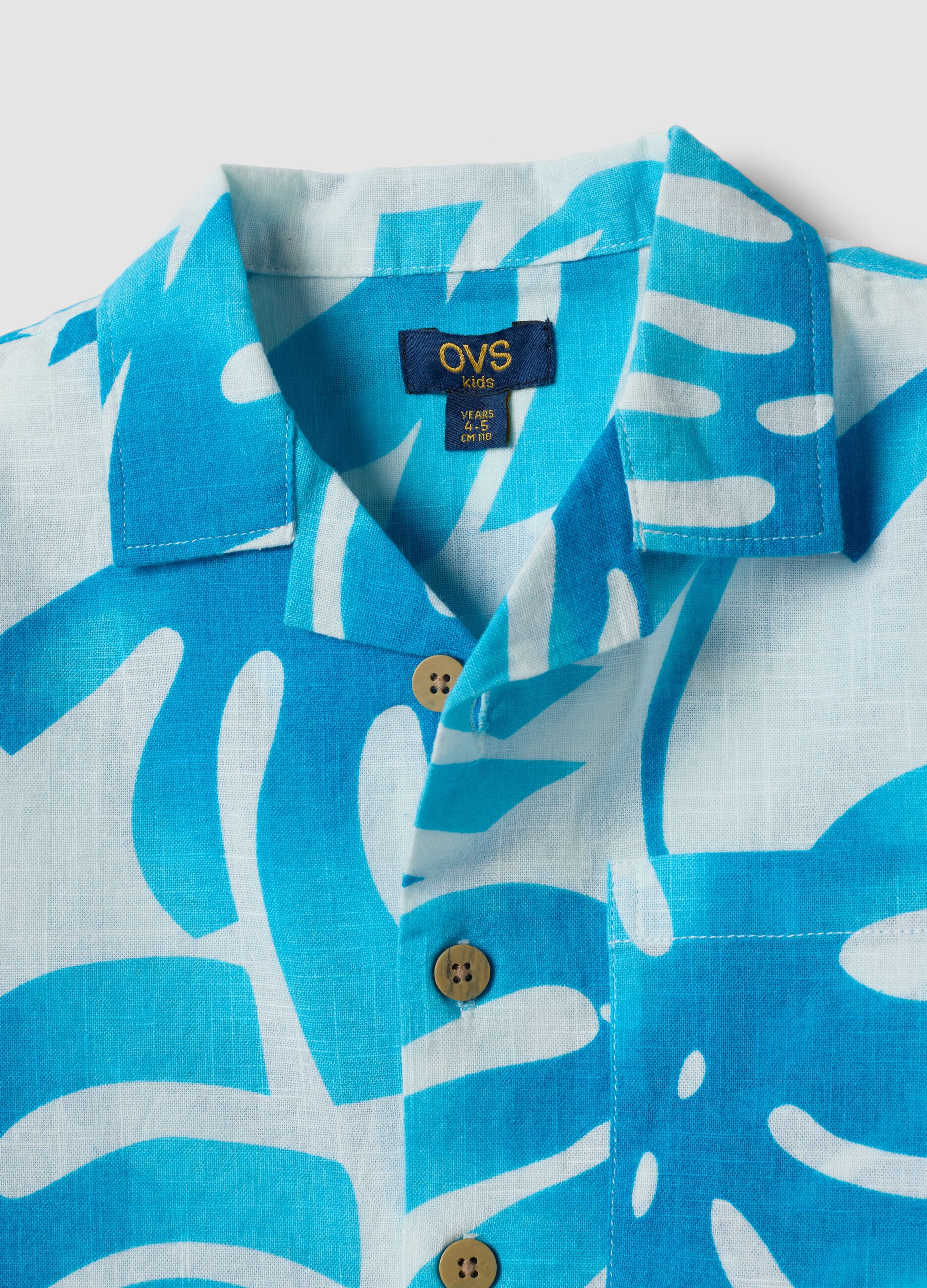 Blue and white pure cotton shirt with tropical print