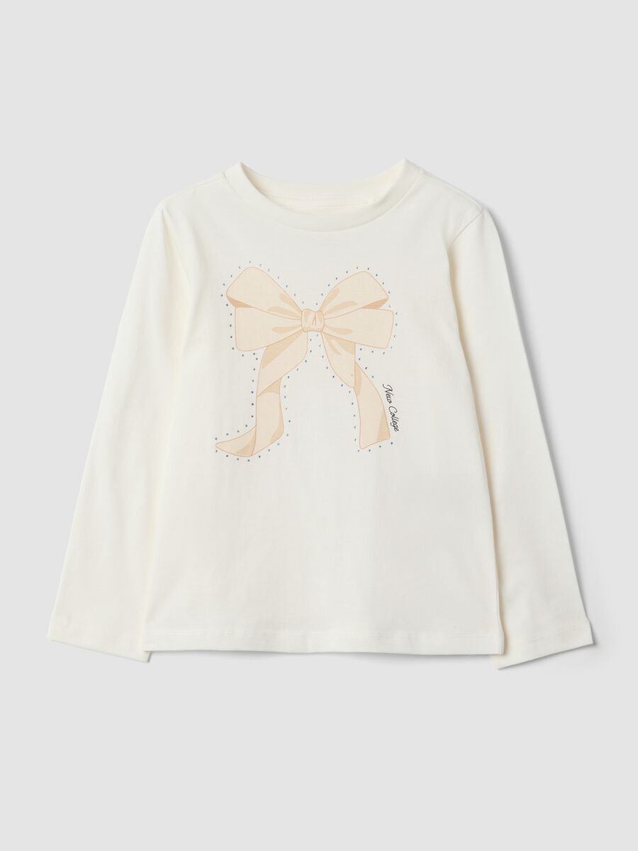 White pure organic cotton T-shirt with bow print for girls_0