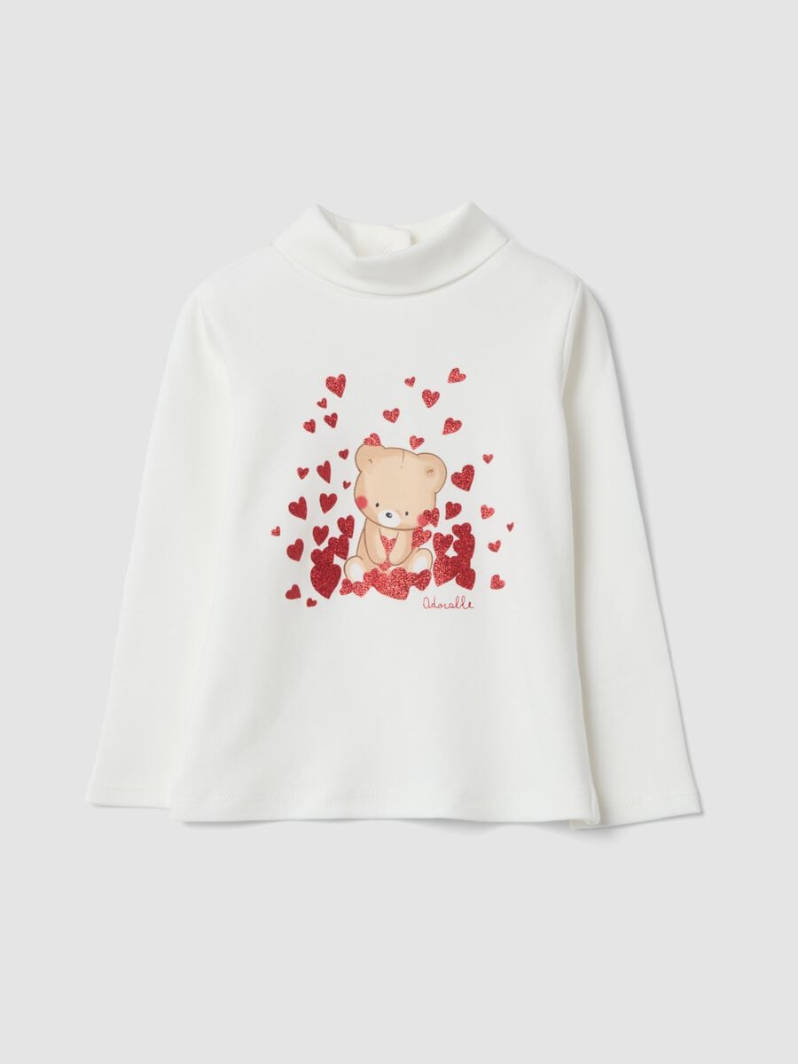 White pure cotton T-shirt with teddy bear print_0