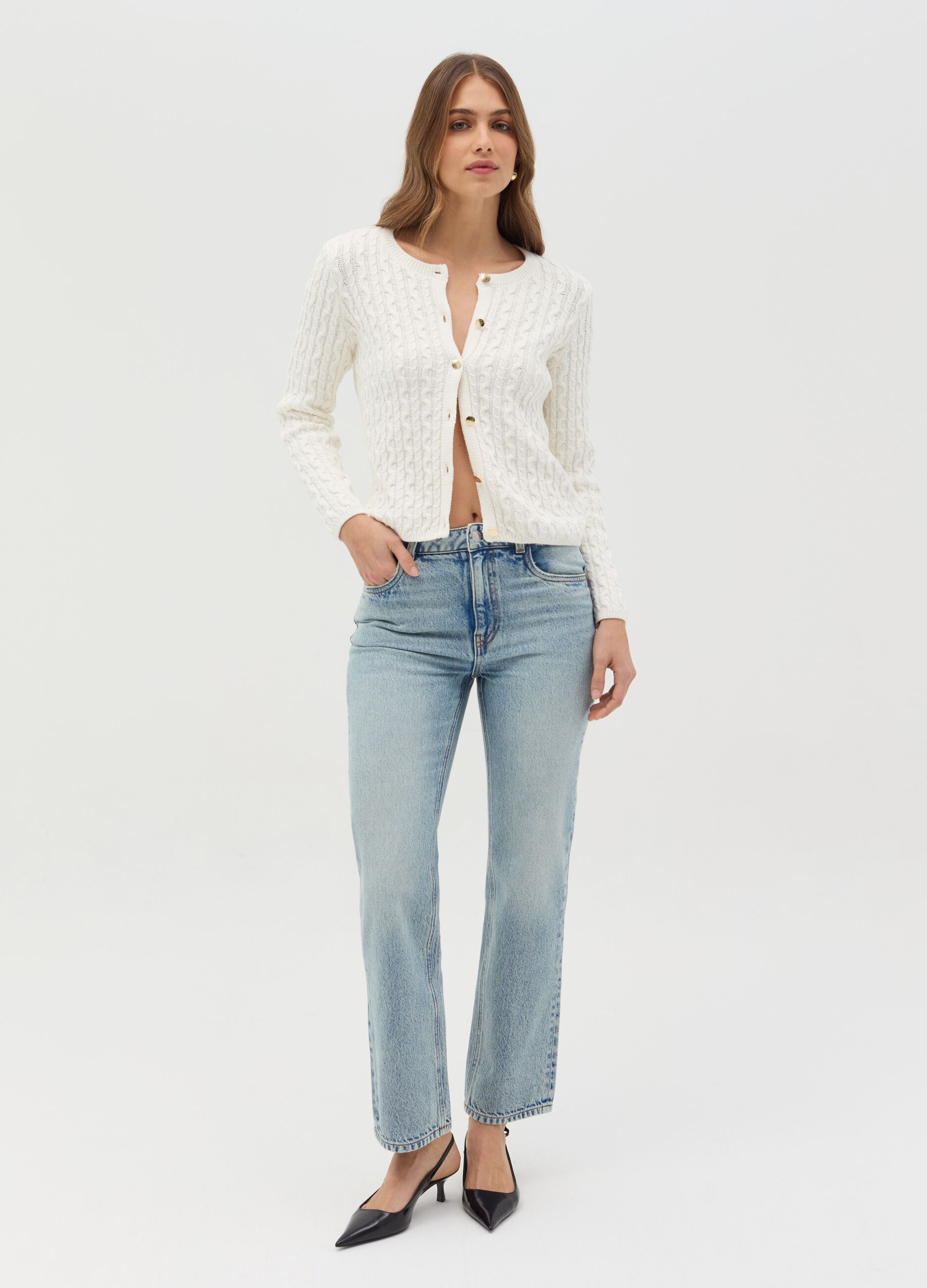 Cable-knit cardigan with golden buttons