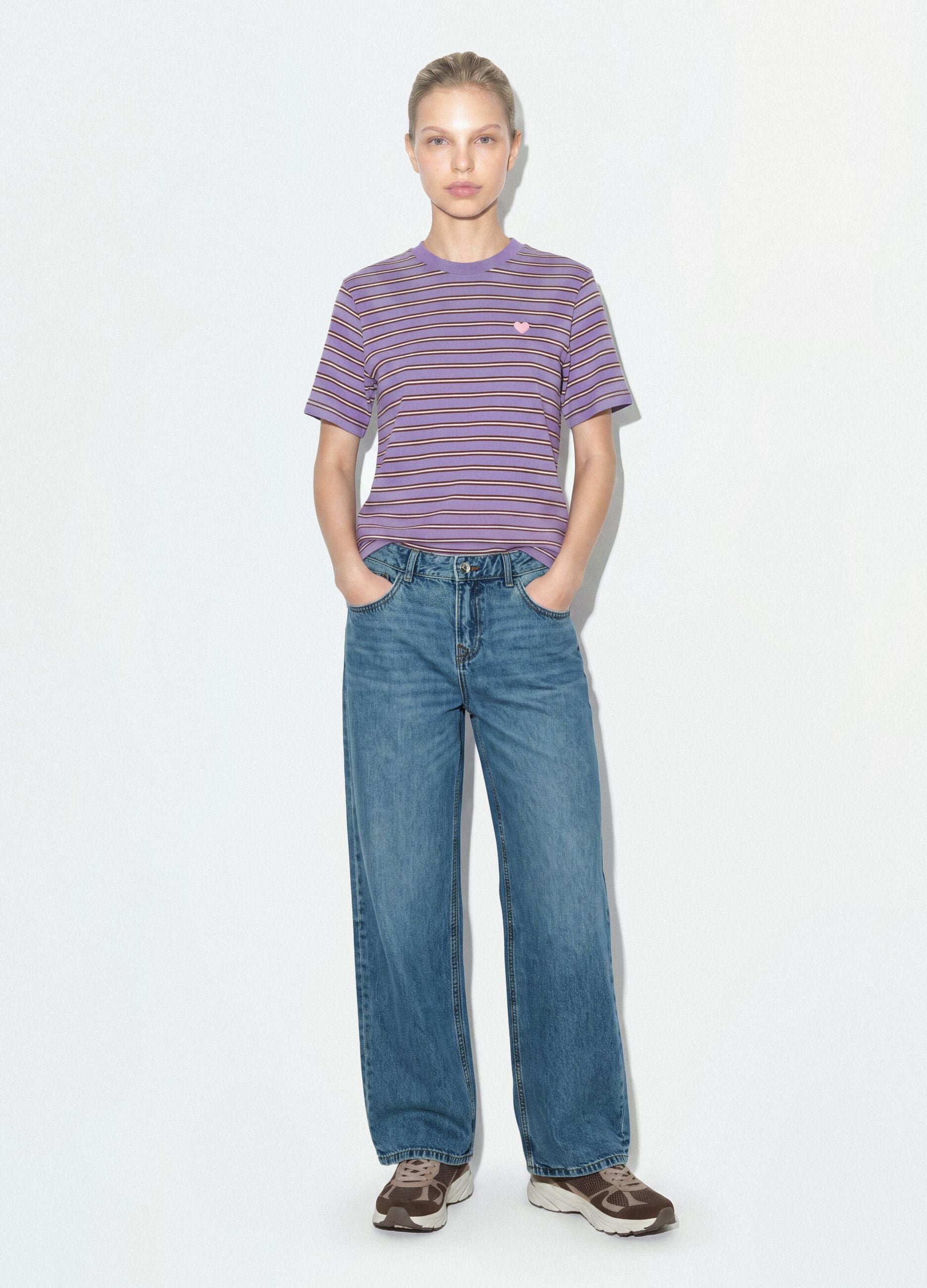 Purple relaxed-fit striped pure cotton T-shirt with embroidered heart