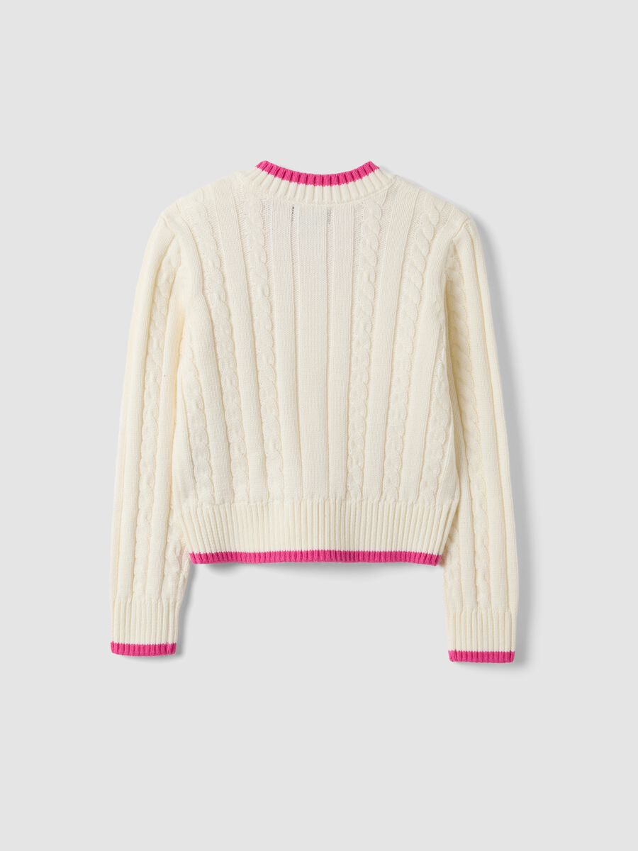 White pure cotton cable-knit V-neck jumper for girls_1