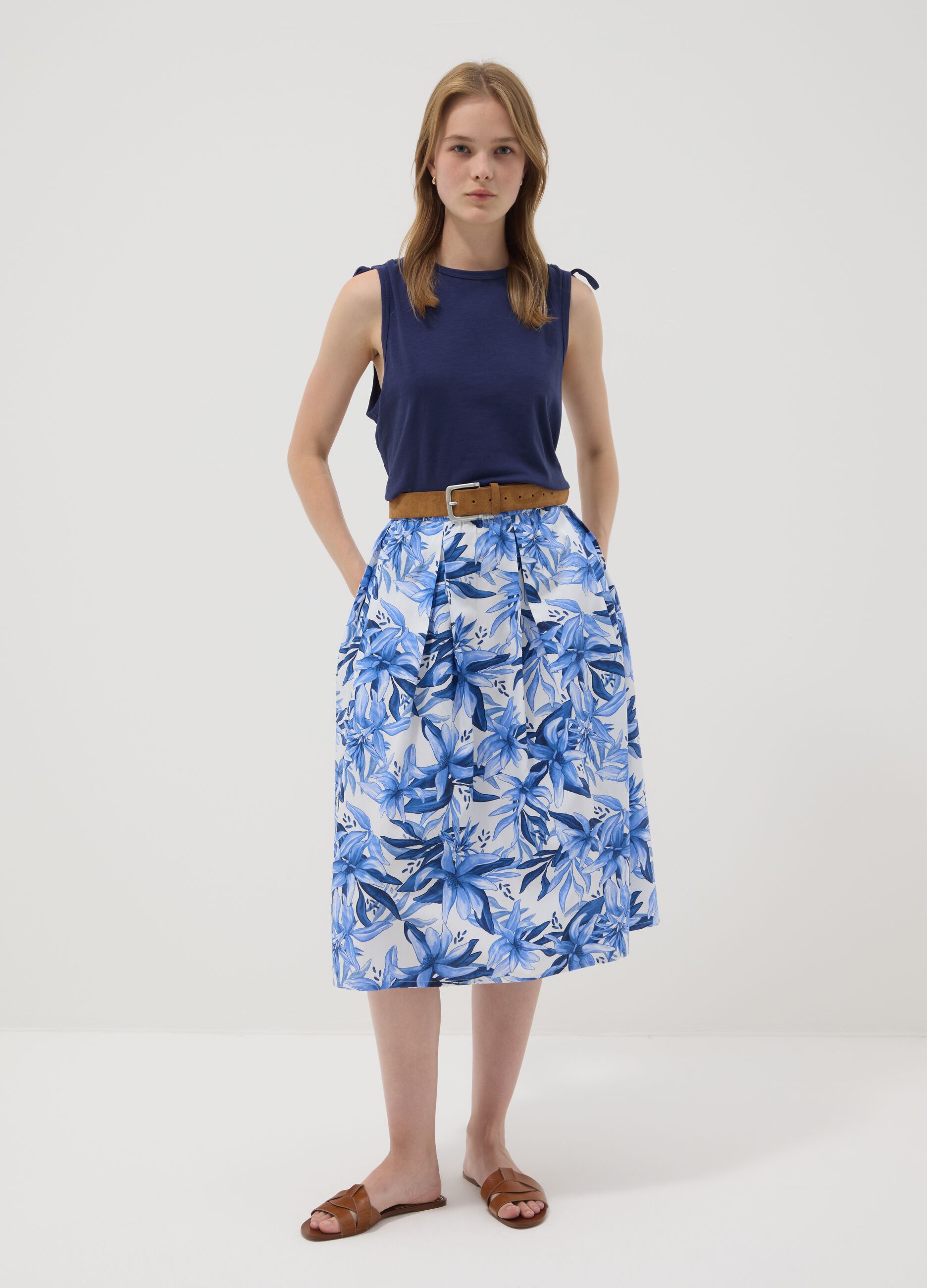 Blue pure cotton tank top with shoulder ties