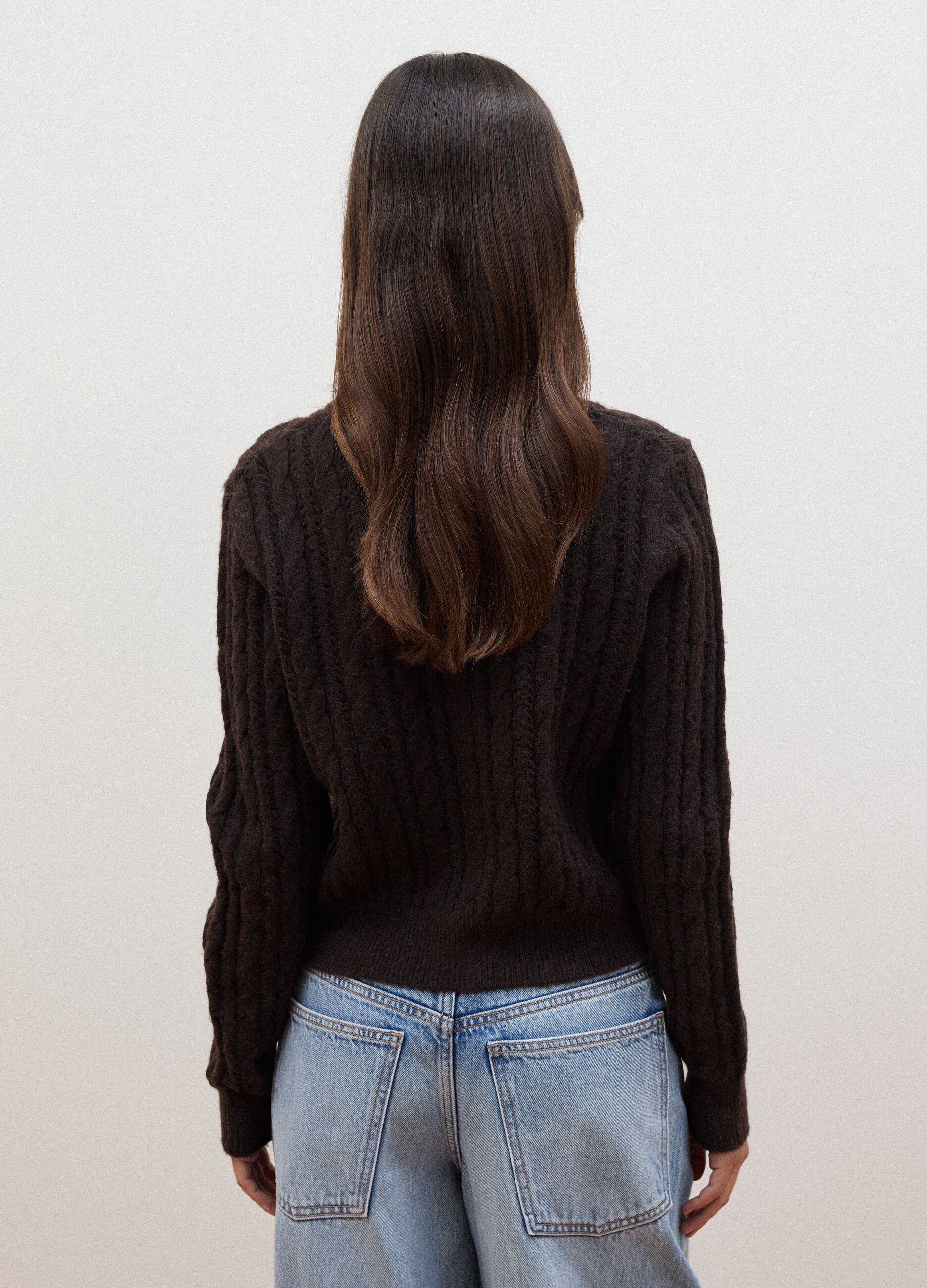 Brown cable-knit wool-blend cardigan