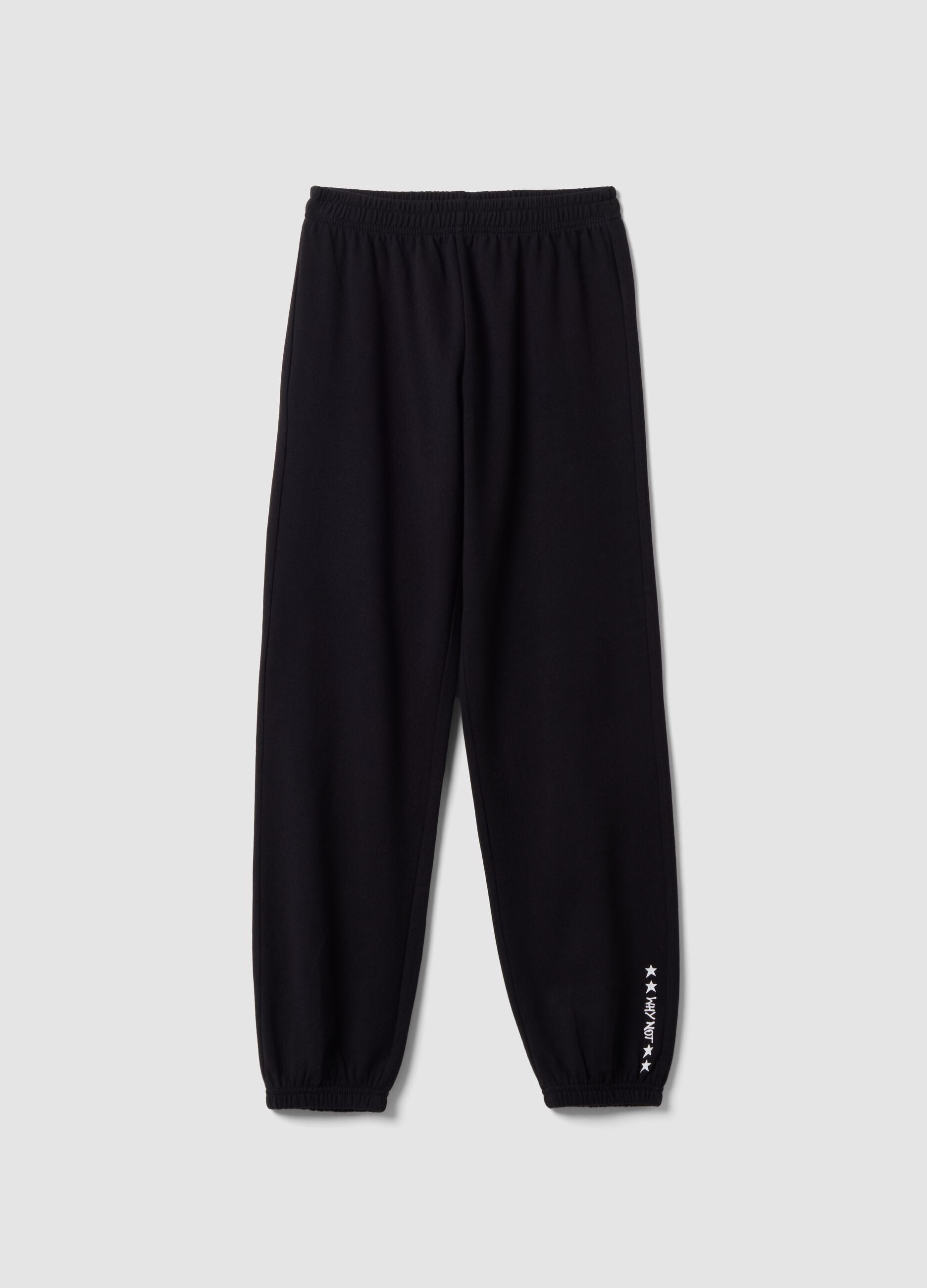 Cal&ccedil;as jogger pretas em mistura de algod&atilde;o org&acirc;nico com estampado para rapariga