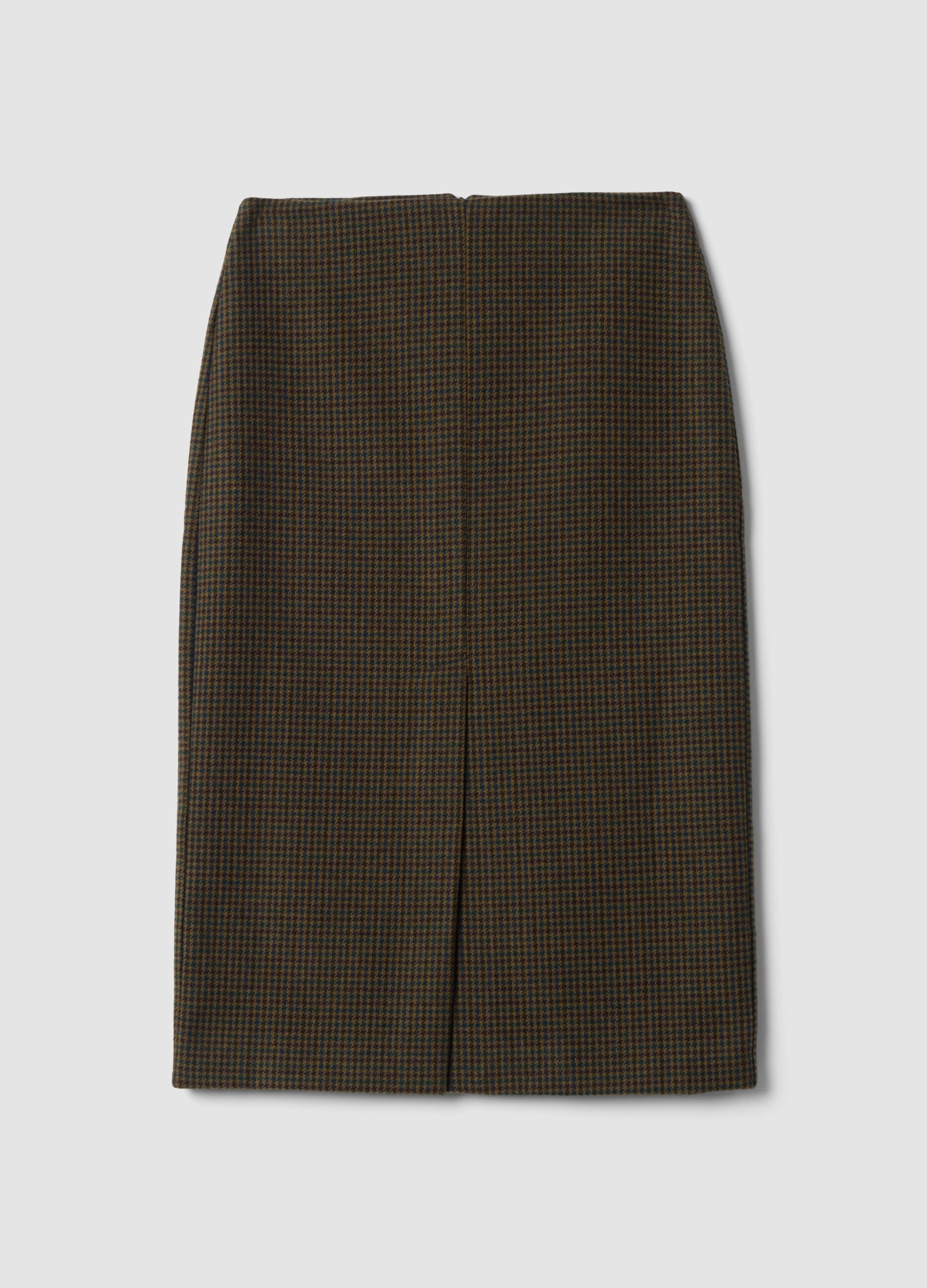 Brown and petrol blue wool-blend houndstooth skirt