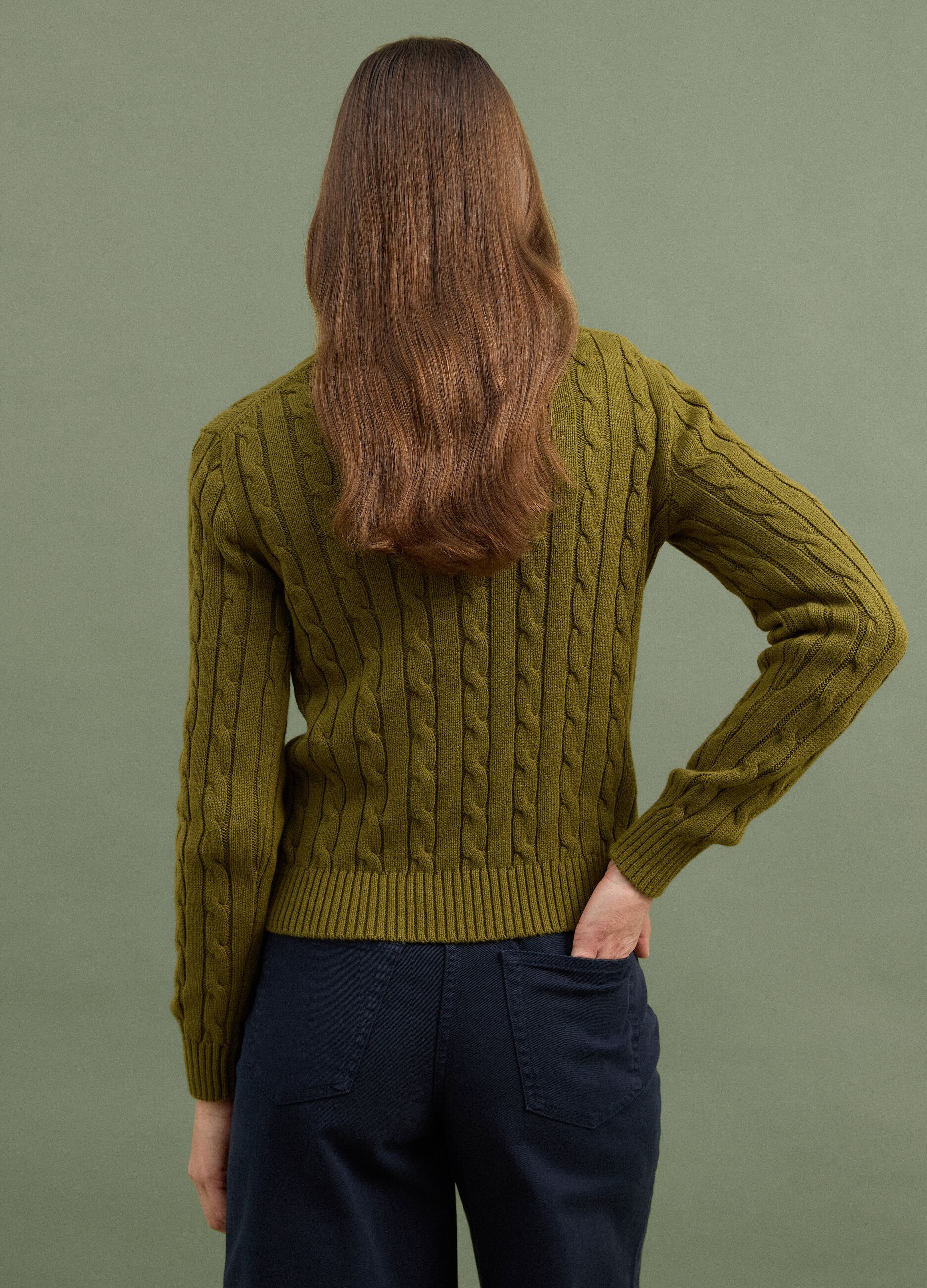 Green pure cotton cable-knit crew-neck jumper