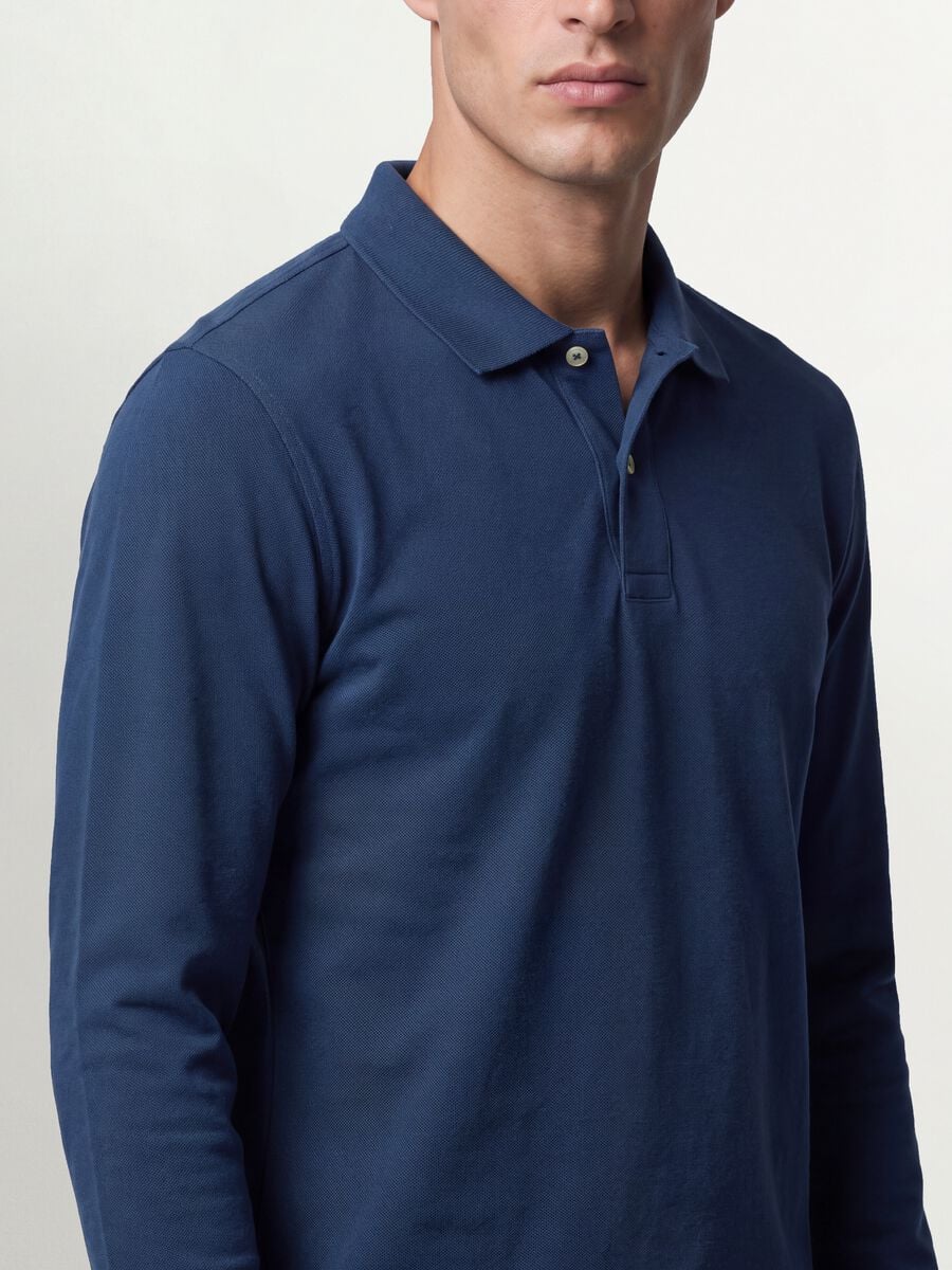 Blue long-sleeve organic cotton piqu&eacute; polo shirt, regular fit_1