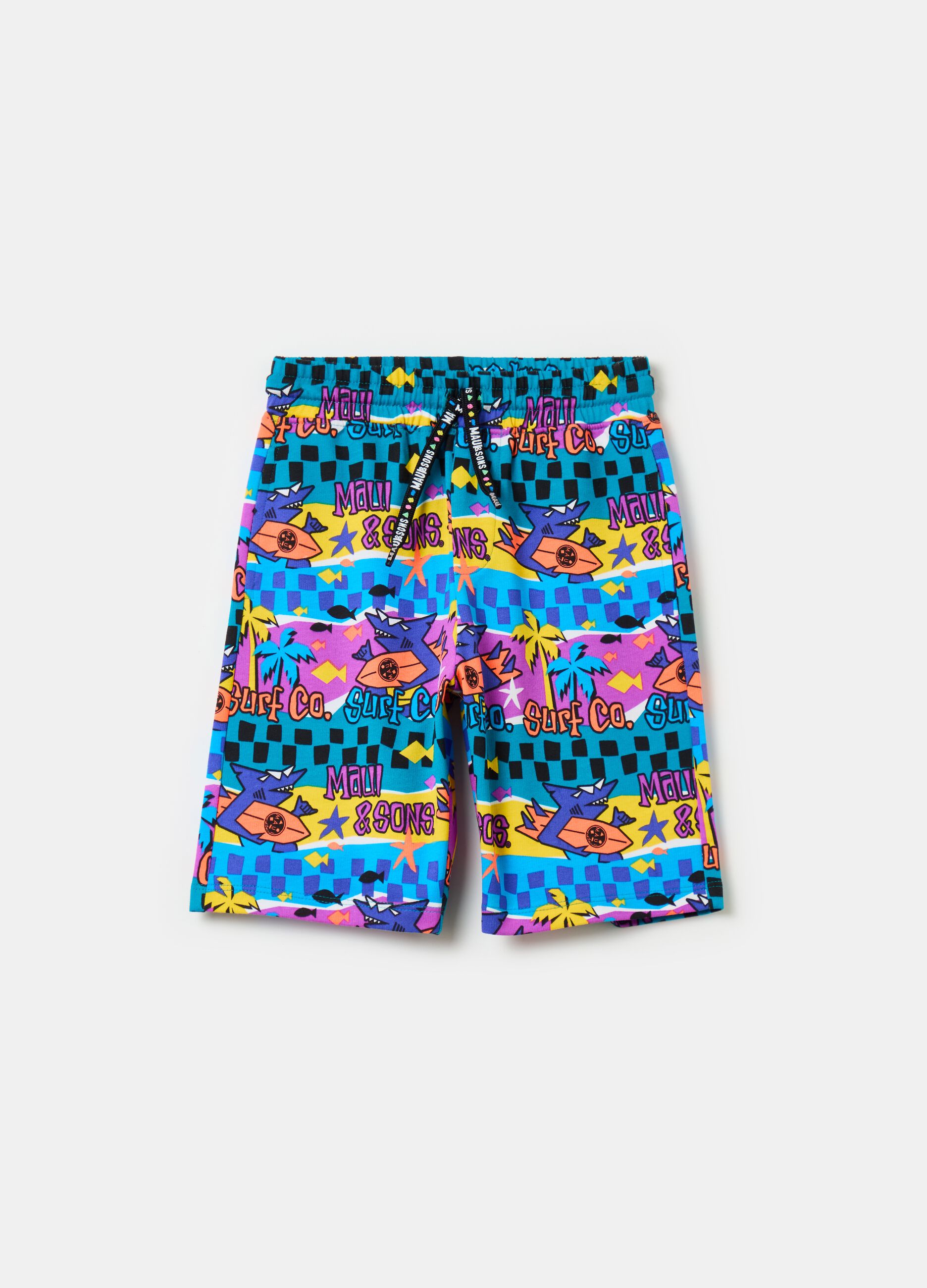 Cotton Bermuda shorts with drawstring and print