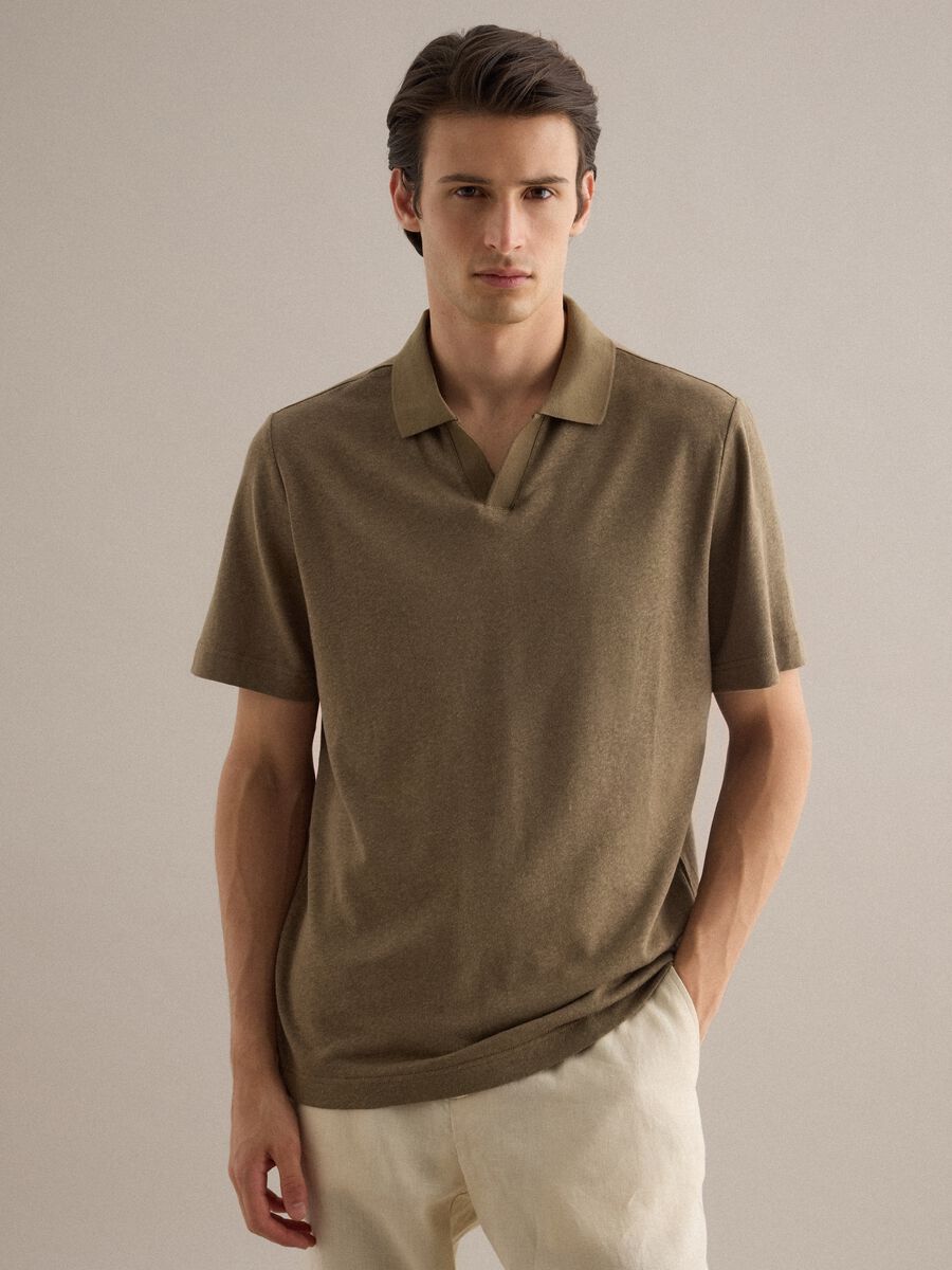 Brown regular fit linen and cotton blend polo_1