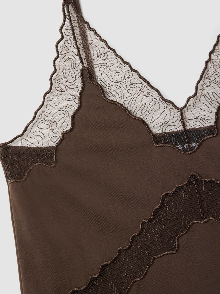 Brown regular fit viscose blend tank top with transparent details_1