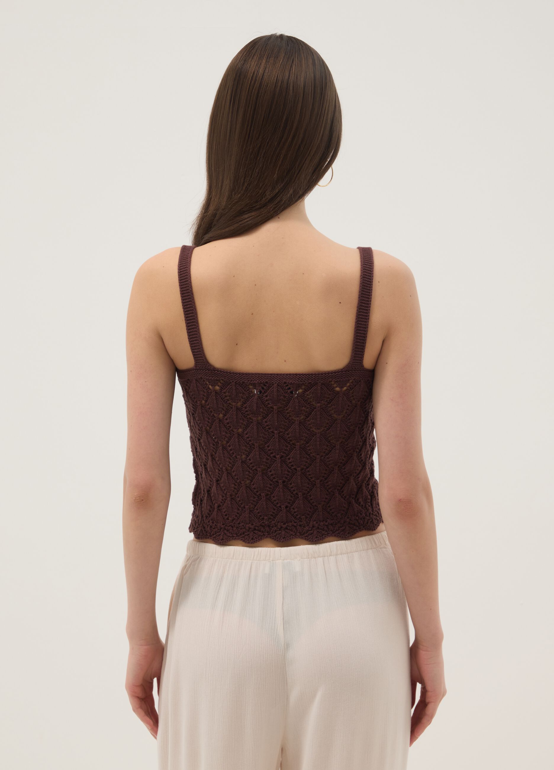 Gilet marrone in crochet di puro cotone regular fit