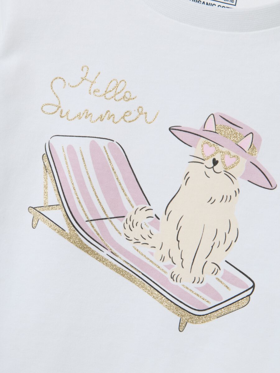 White pure organic cotton girls&rsquo; T-shirt with print and glitter_2