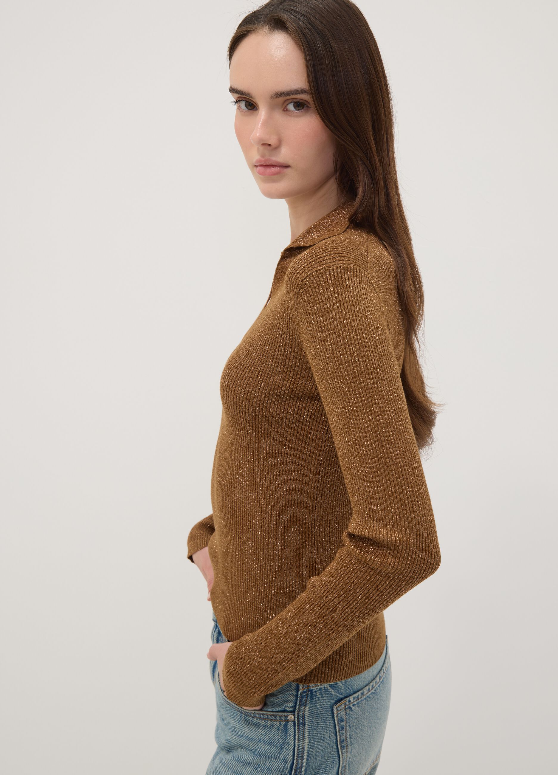 Brown ribbed viscose-blend polo-collar top