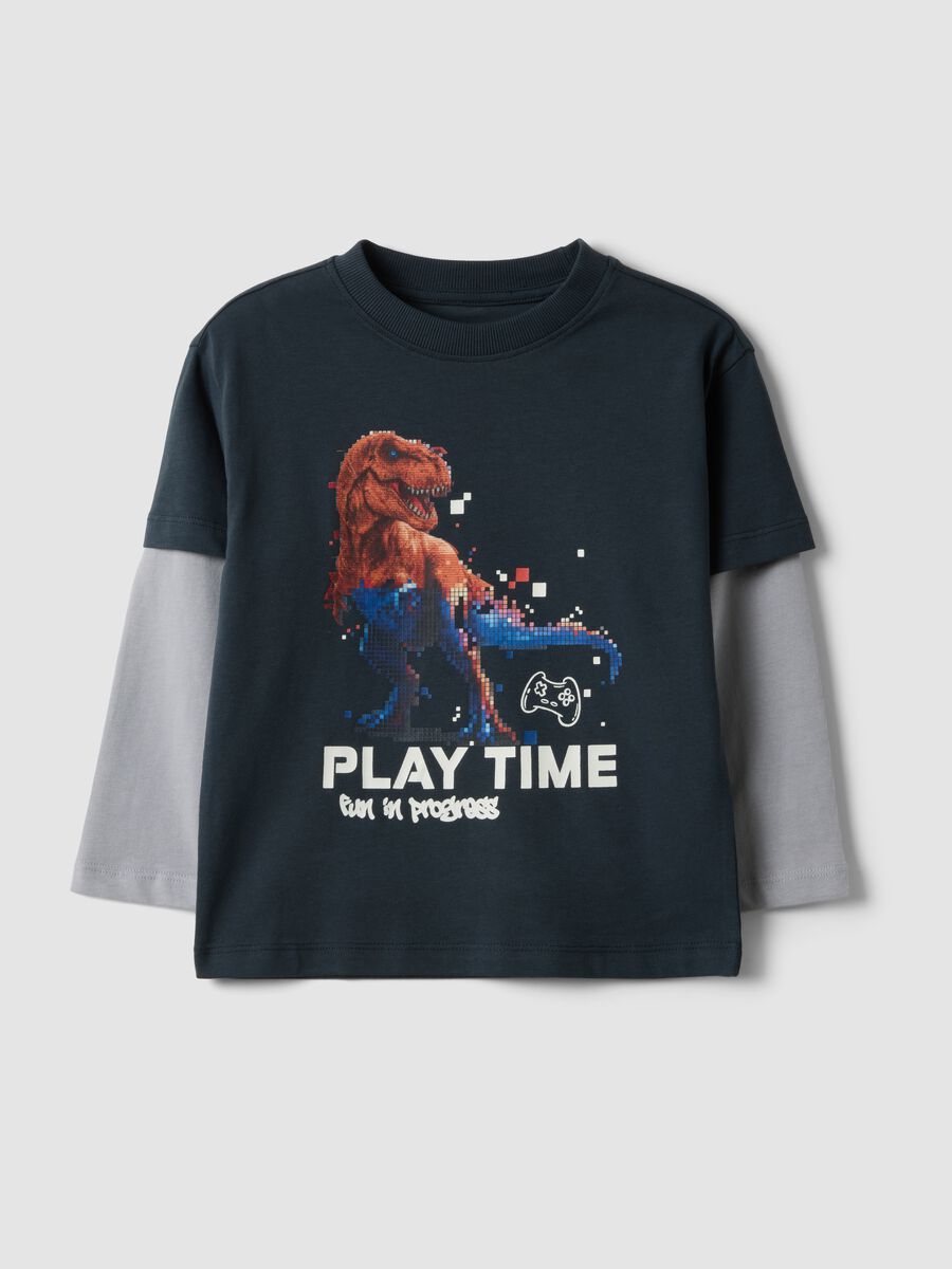 T-shirt blu notte in puro cotone con stampa_0