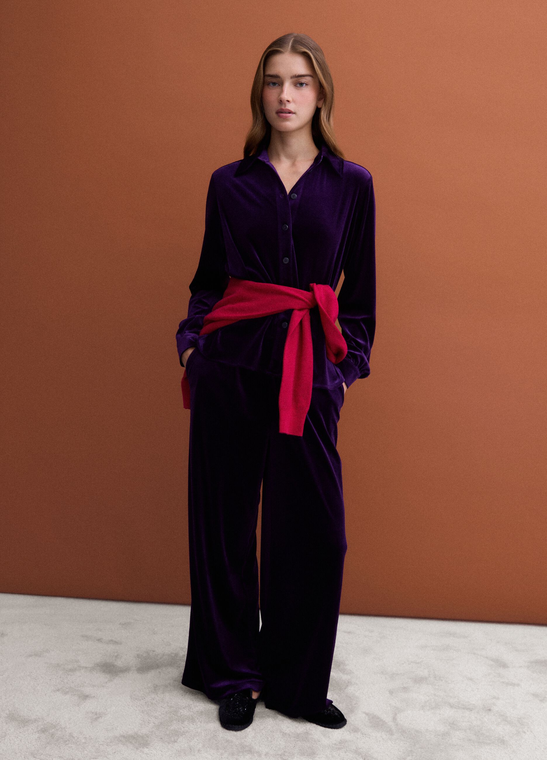 Purple wide-leg trousers in stretch velvet-effect fabric