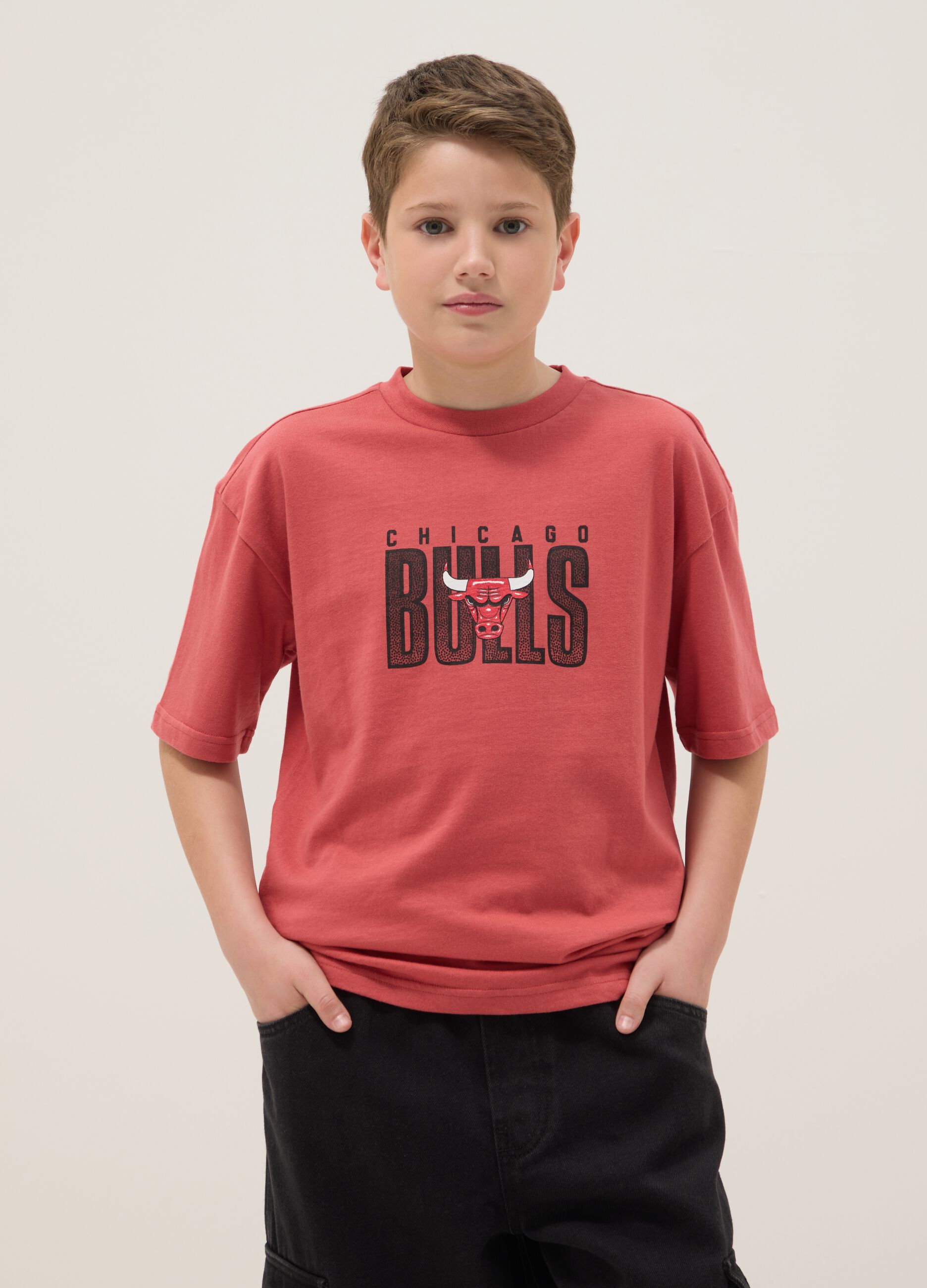 Kids' Red Pure Cotton Oversize Fit Chicago Bulls T-shirt