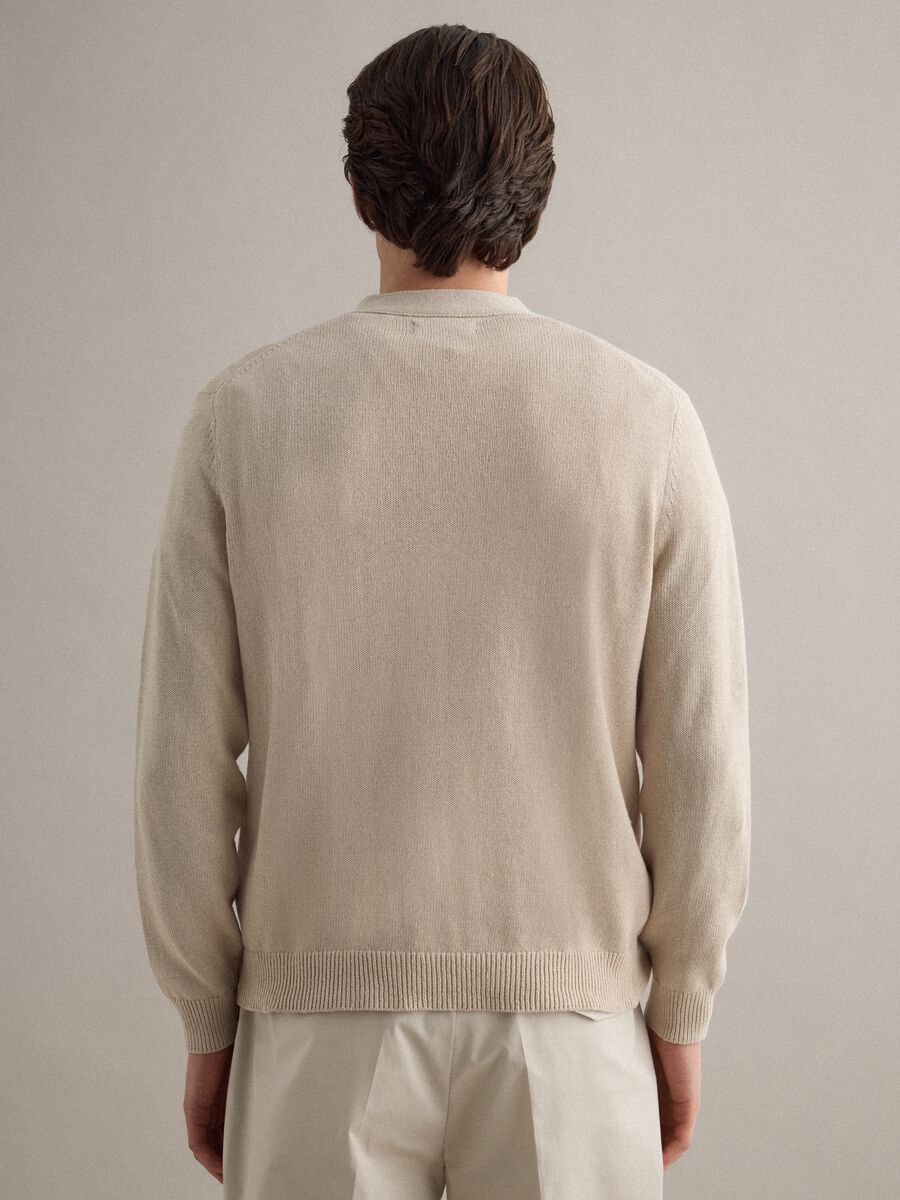 Beige deep V regular fit cotton and linen blend cardigan_3