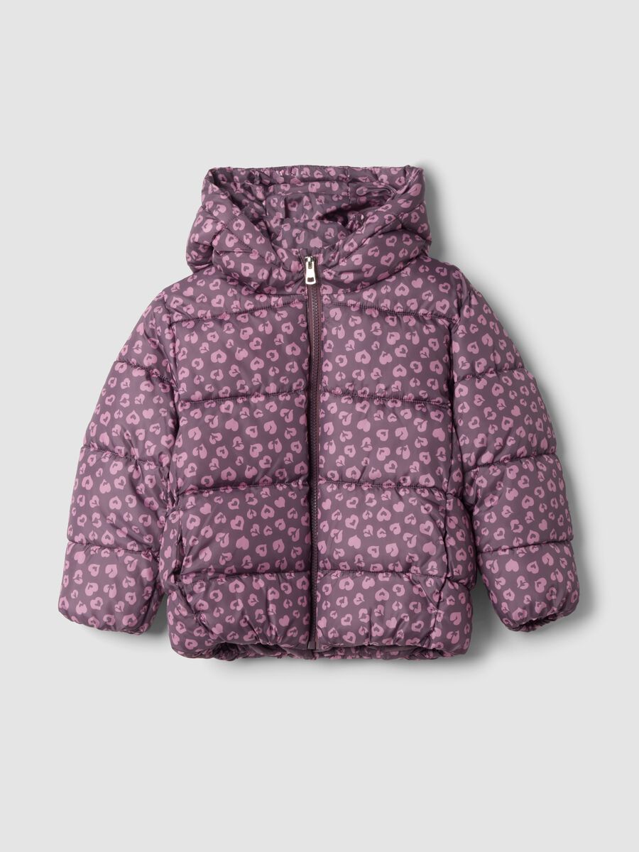 Multicolour hooded padded jacket with heart print, regular fit_0