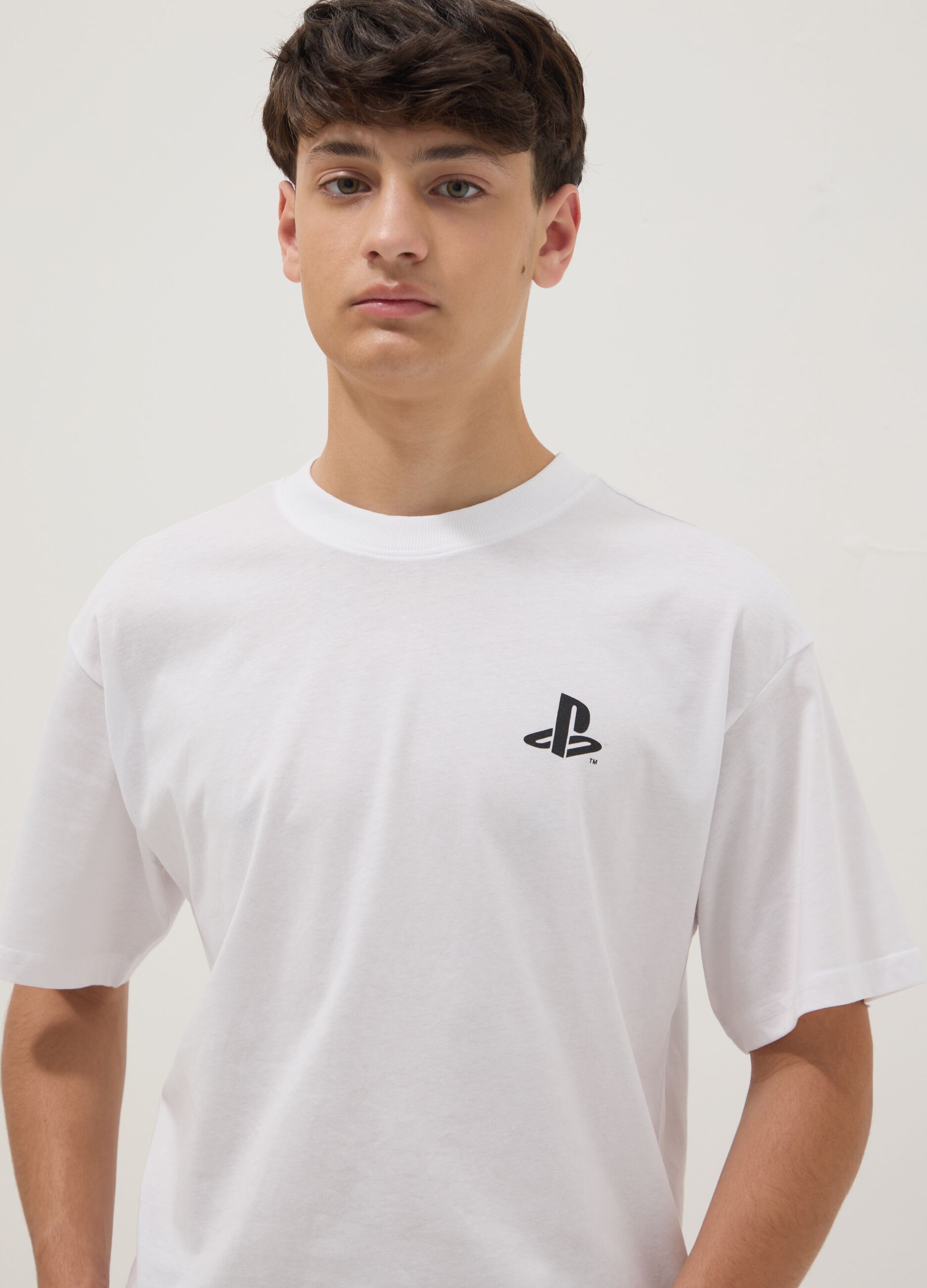 Wei&szlig;es Jungen-T-Shirt aus reiner Baumwolle mit PlayStation-Logo, Relaxed Fit