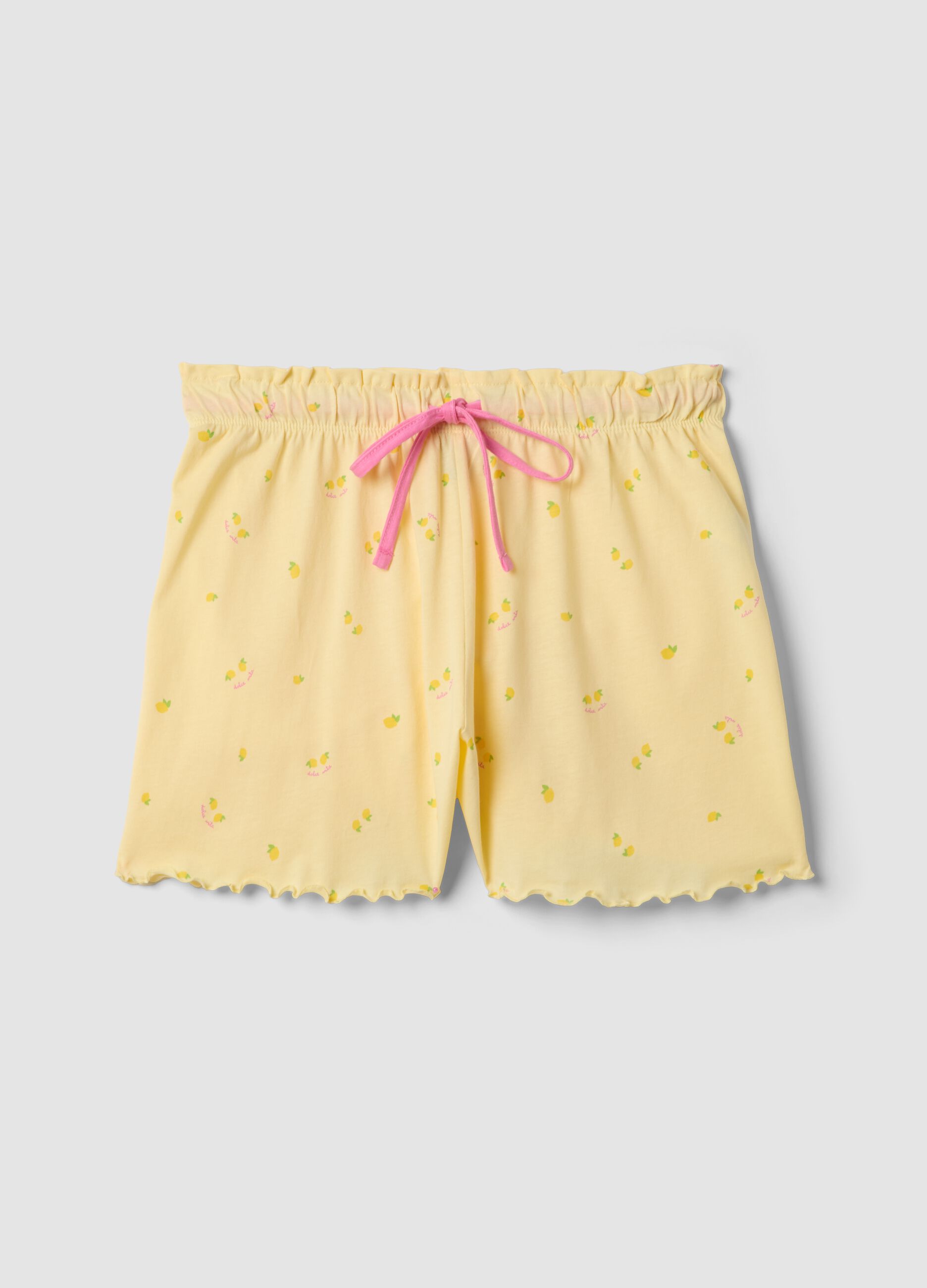Shorts pigiama giallo in puro cotone con stampe limoni e coulisse rosa
