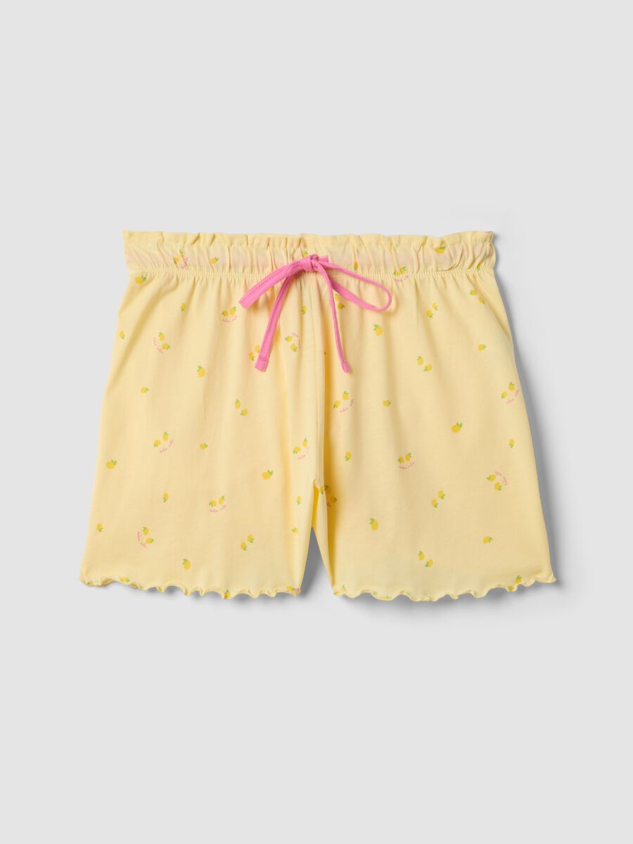 Shorts pigiama giallo in puro cotone con stampe limoni e coulisse rosa_4