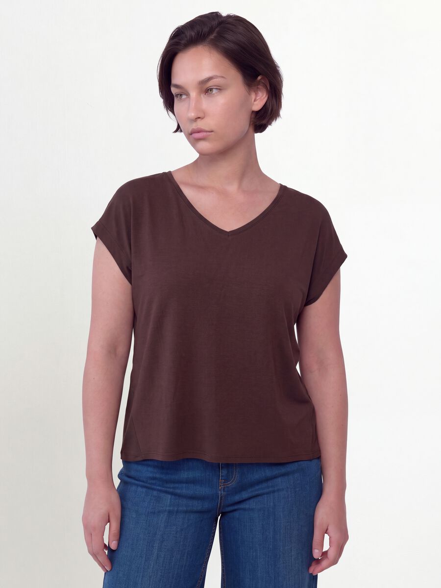 Brown pure viscose V-neck T-shirt, regular fit_0