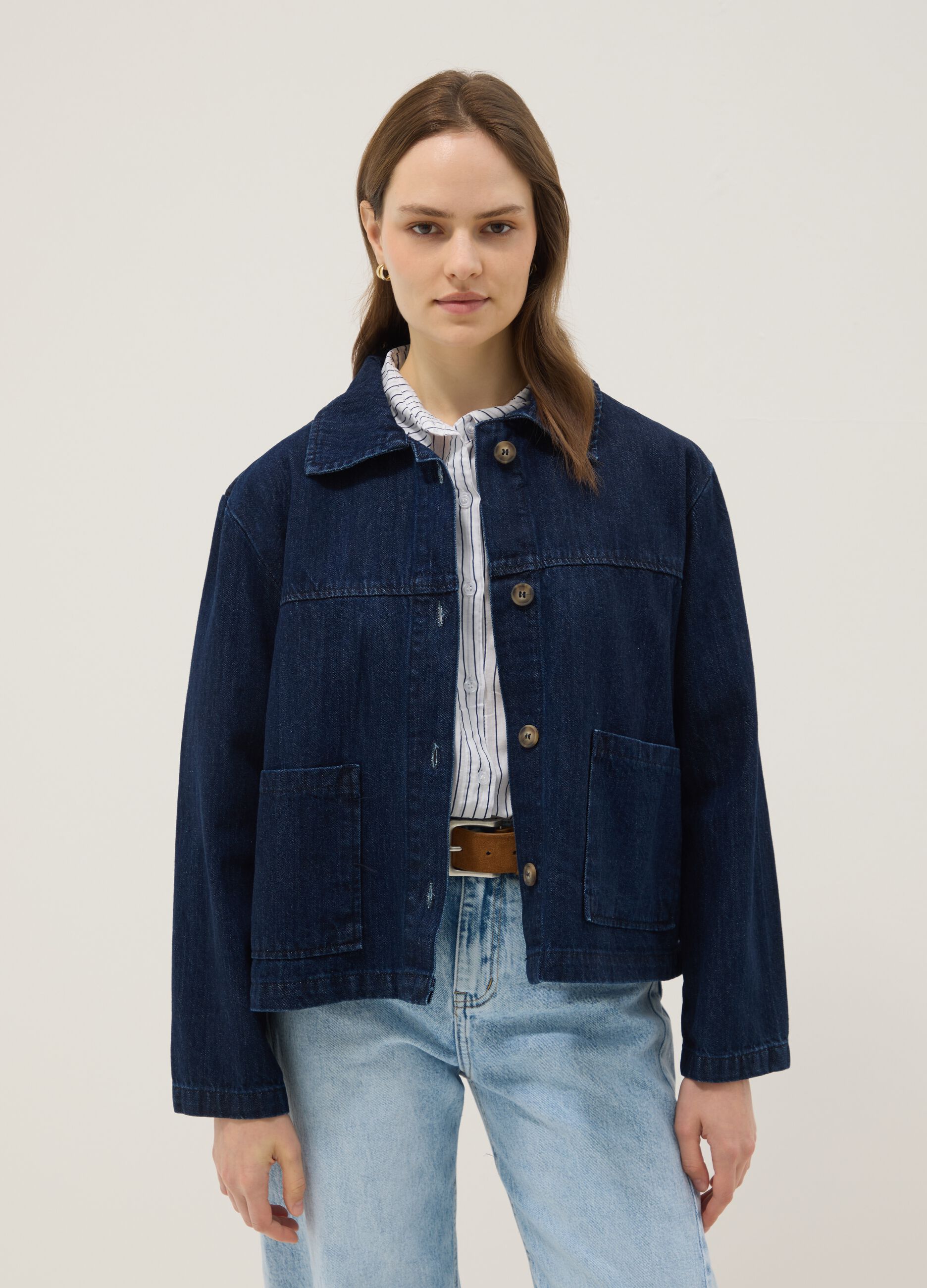 Blue regular fit pure cotton denim jacket with pockets