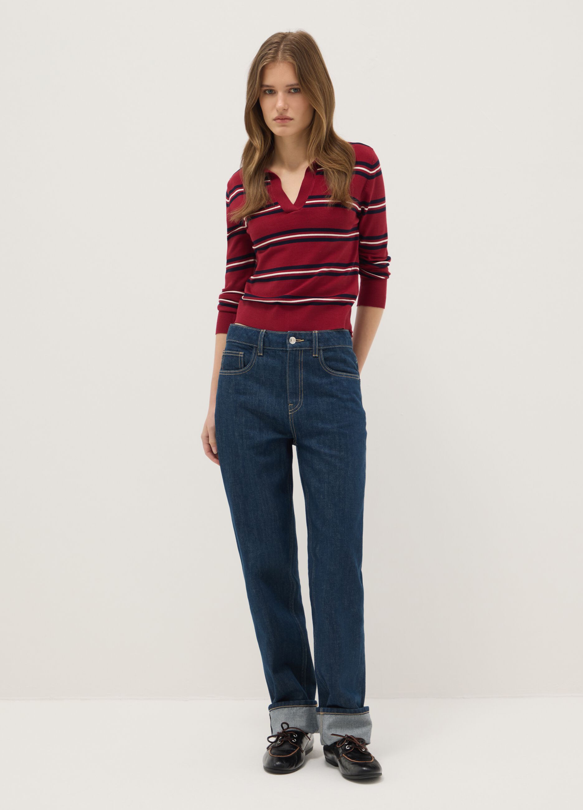 Multicolour Striped Regular Fit Sweater with Polo Collar