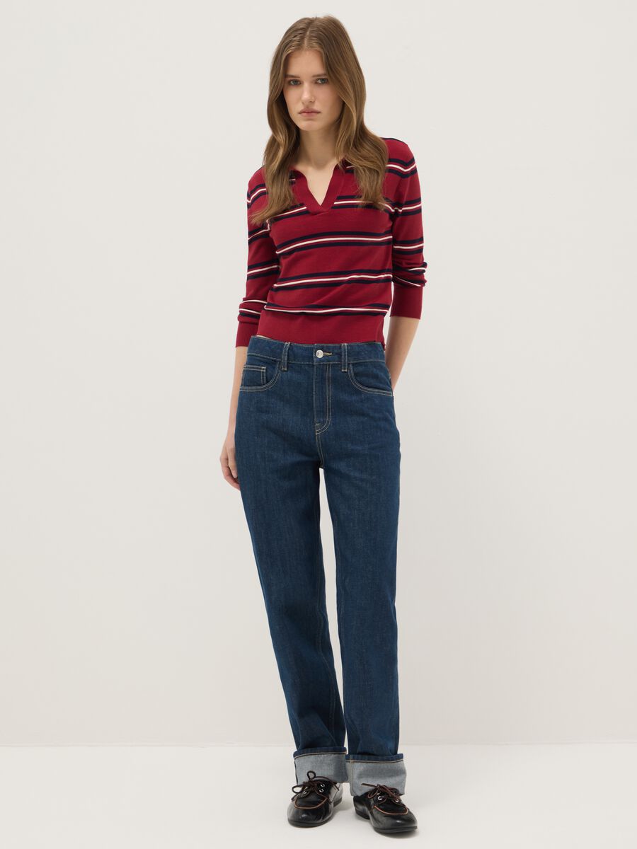 Multicolour Striped Regular Fit Sweater with Polo Collar_1