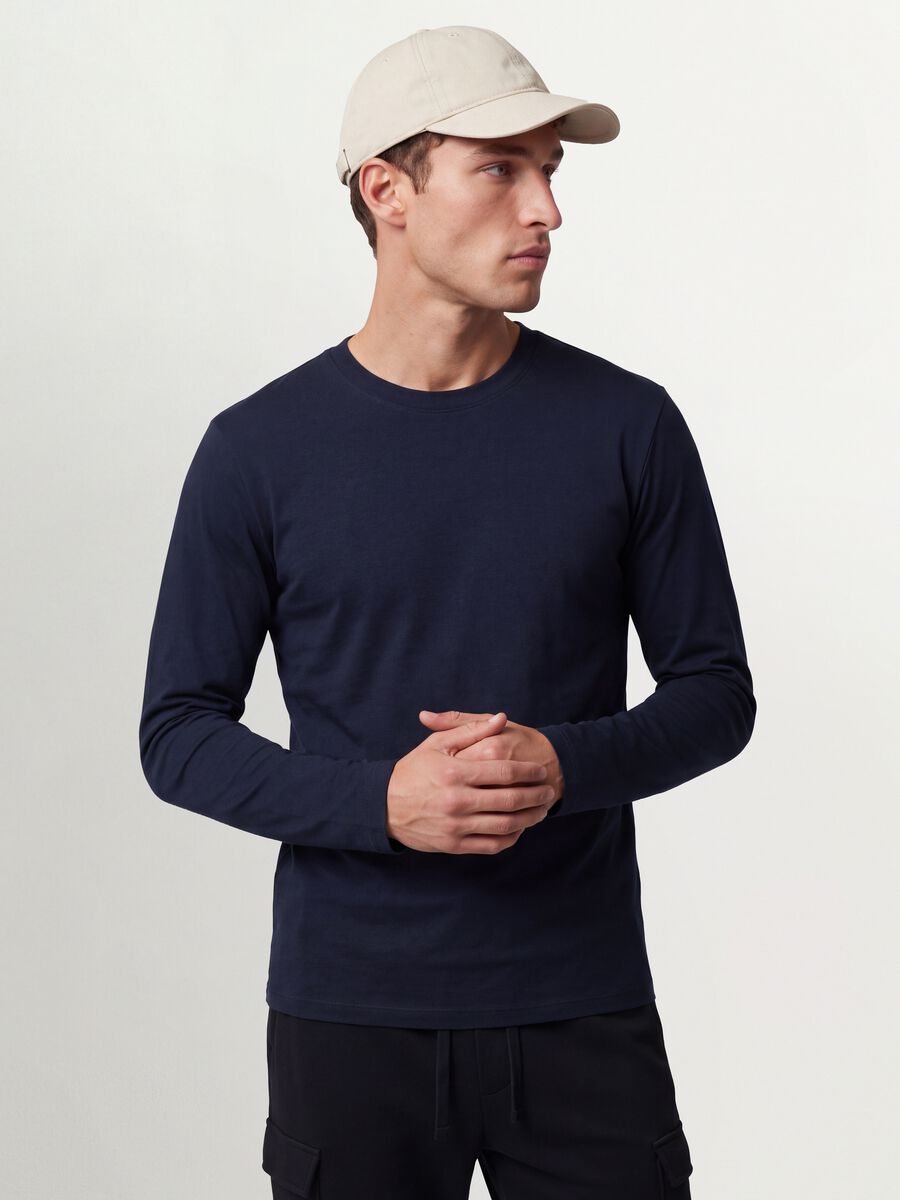 Blue long-sleeve crew-neck T-shirt in pure organic cotton_0