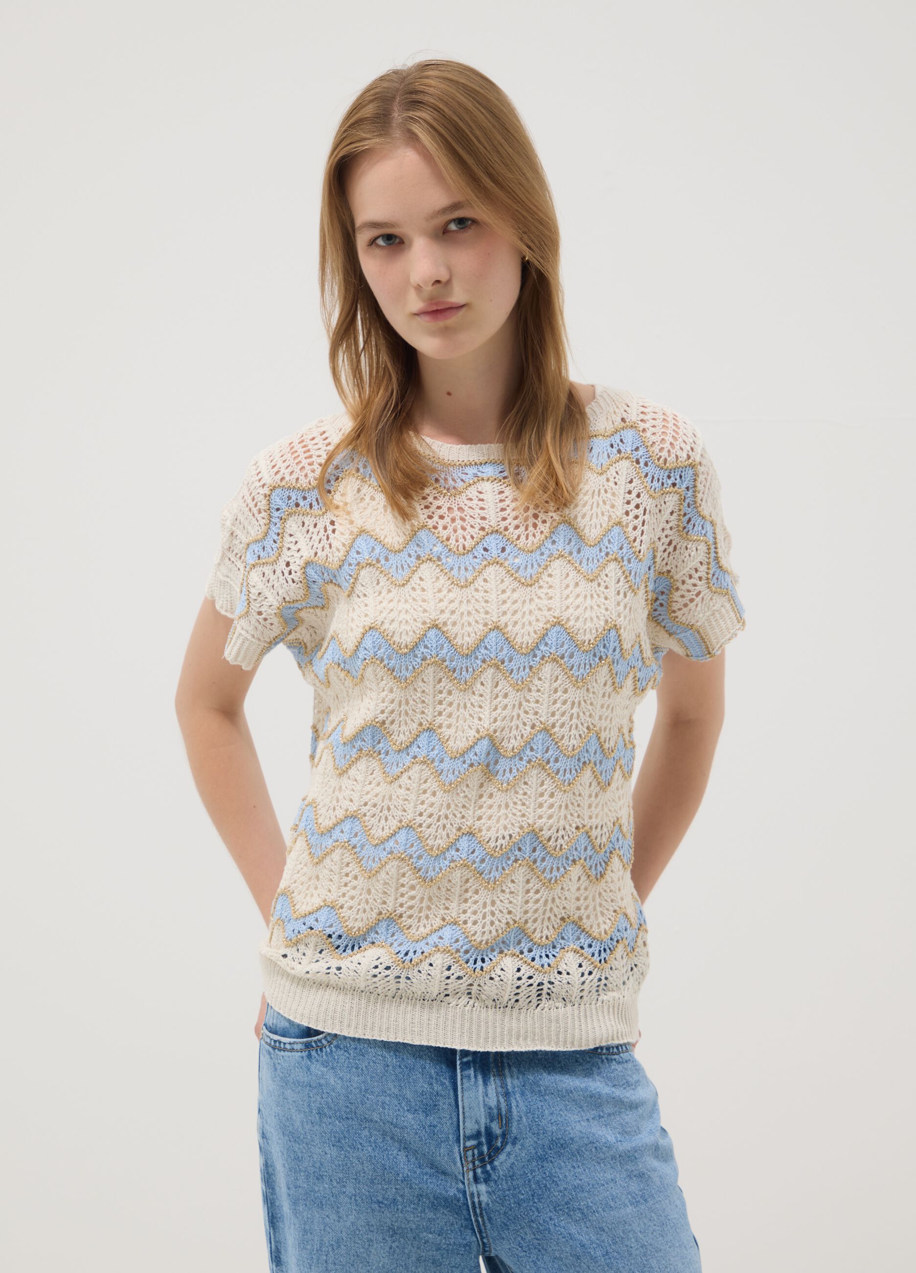 Beige stretch cotton T-shirt with openwork detailing