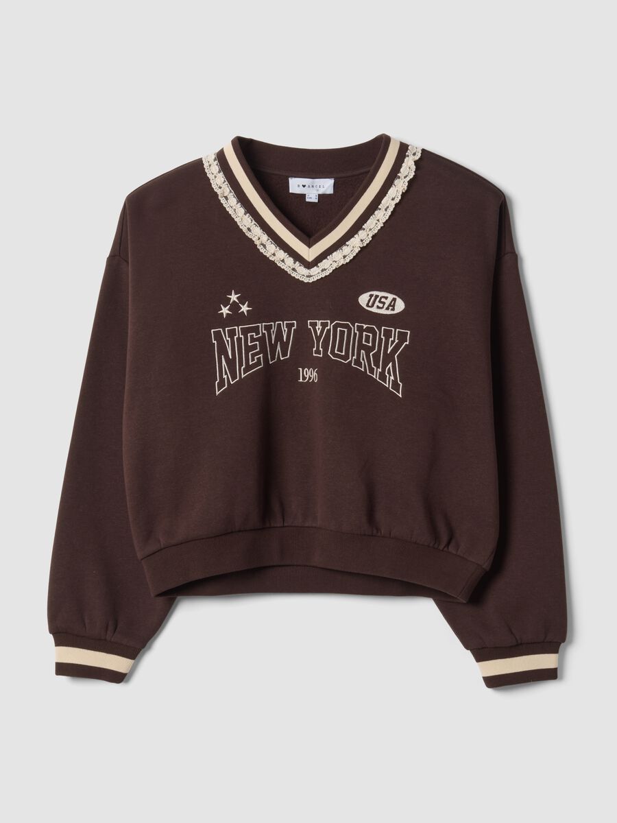 Braunes Sweatshirt aus Baumwollmix mit V-Ausschnitt und Spitzendetail_0