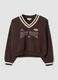 Braunes Sweatshirt aus Baumwollmix mit V-Ausschnitt und Spitzendetail_0