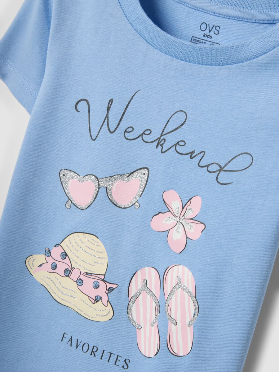 Girls&rsquo; light blue pure organic cotton T-shirt with print and glitter_3