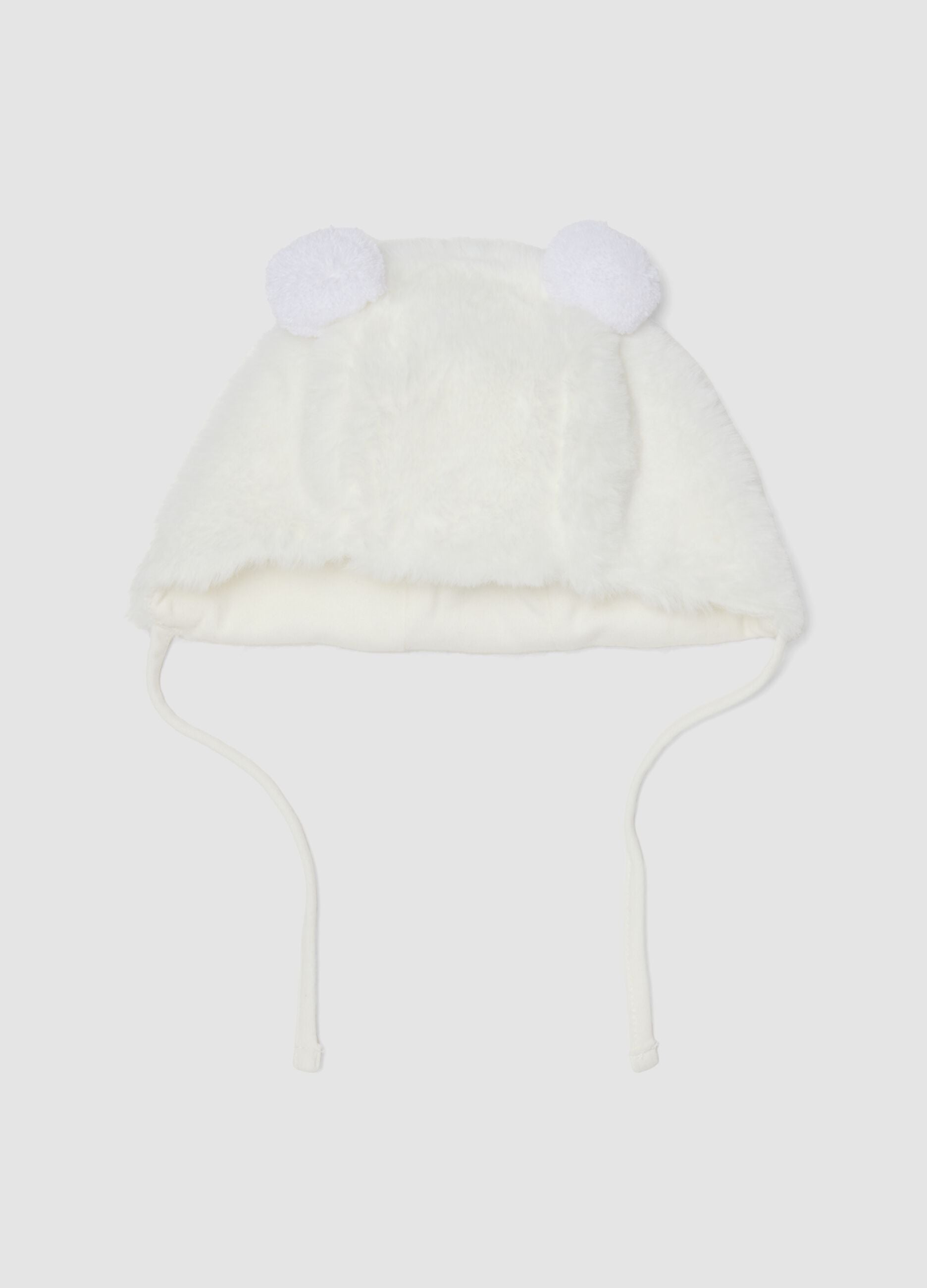 White organic cotton teddy-effect hat for baby girl