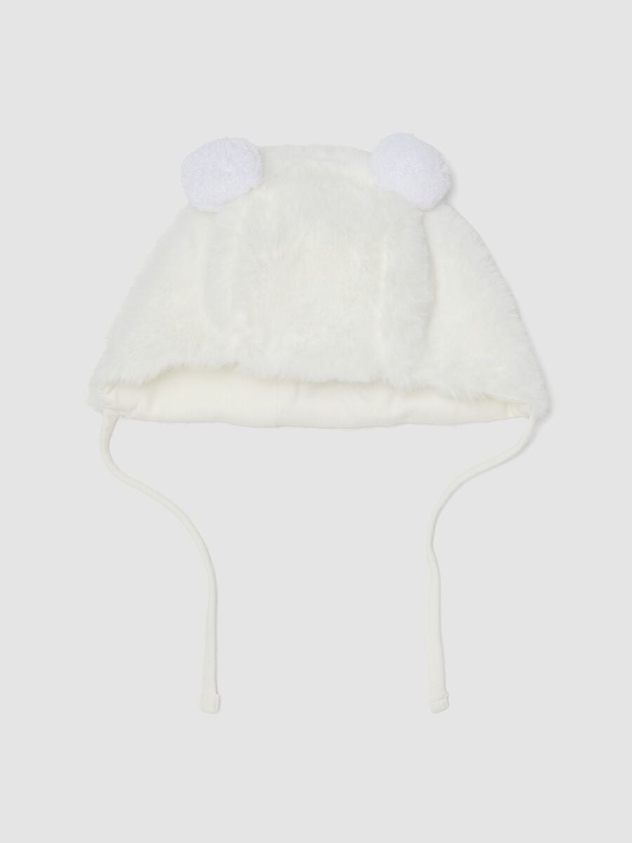 White organic cotton teddy-effect hat for baby girl_0