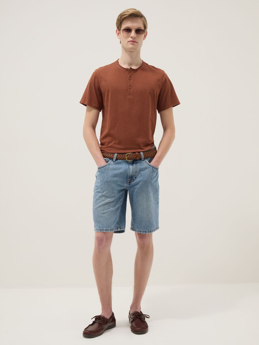 Brown pure cotton regular fit T-shirt with Henley collar_2