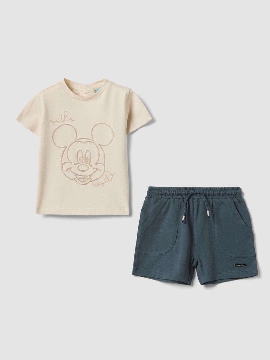 Beiges Baby-T-Shirt-Set aus reiner Baumwolle mit Mickey-Mouse-Print_0