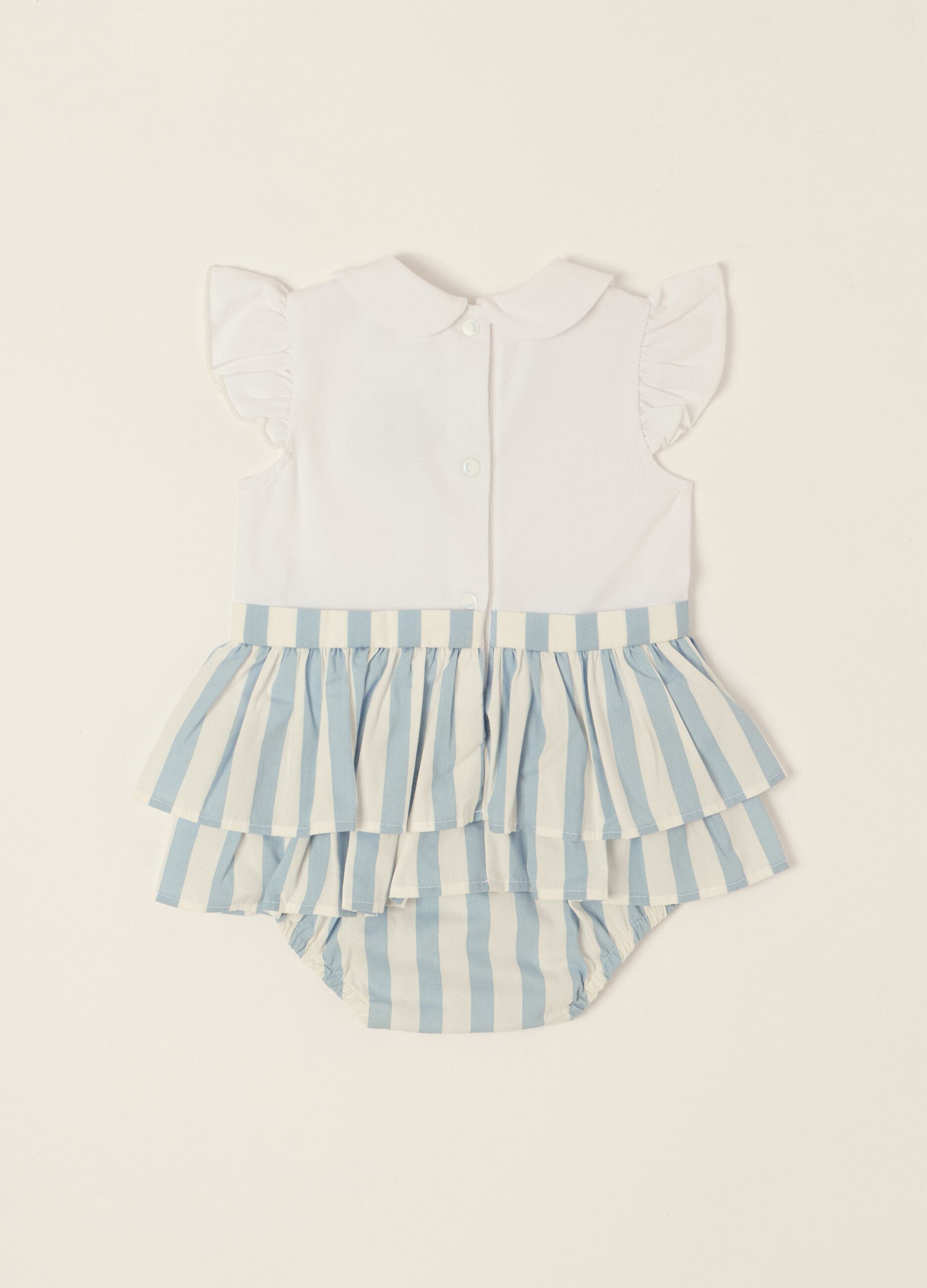 White and light blue stretch cotton baby girl romper