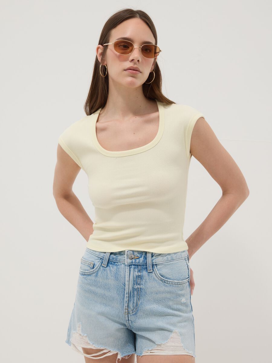 Camiseta amarilla de algod&oacute;n el&aacute;stico de manga corta_0