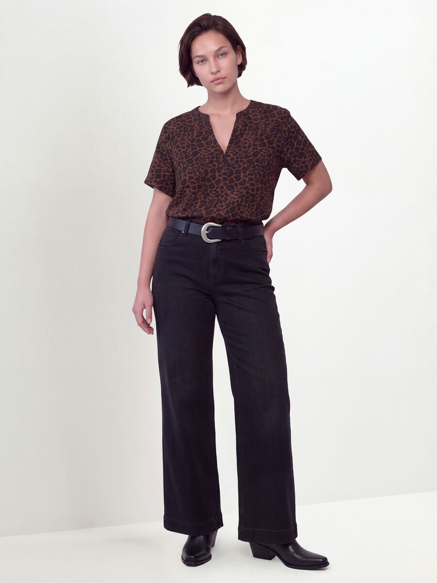 Brown pure viscose blouse with Mandarin collar and animal print, regular fit_1