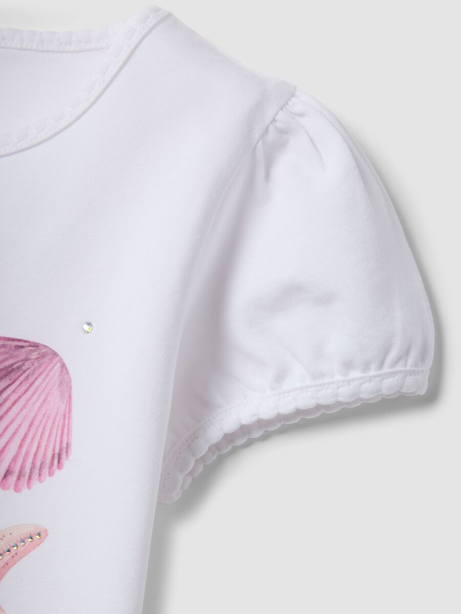 White stretch cotton T-shirt with seaside print_3