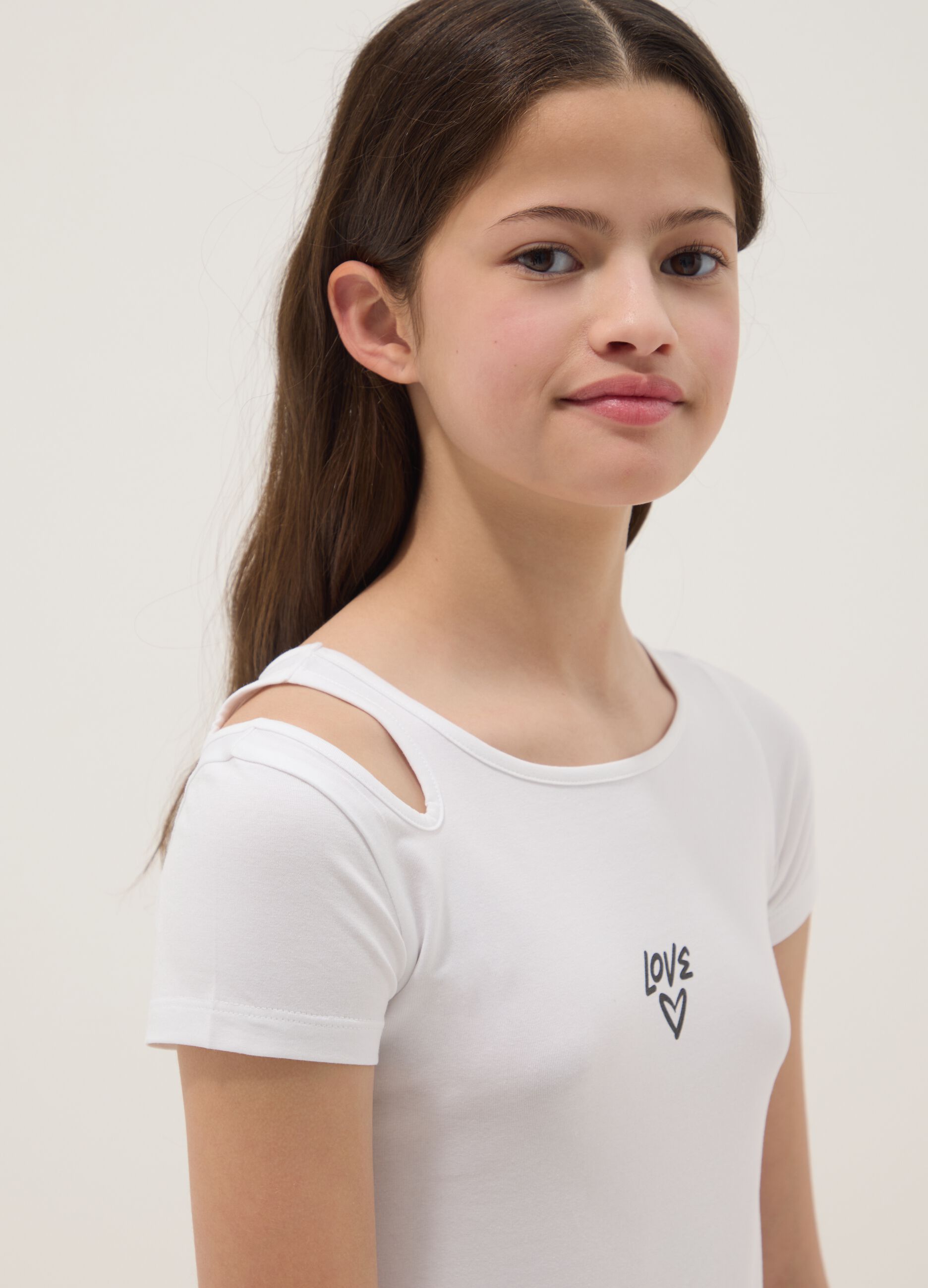 Girls' Slim Fit White Cotton Blend T-shirt