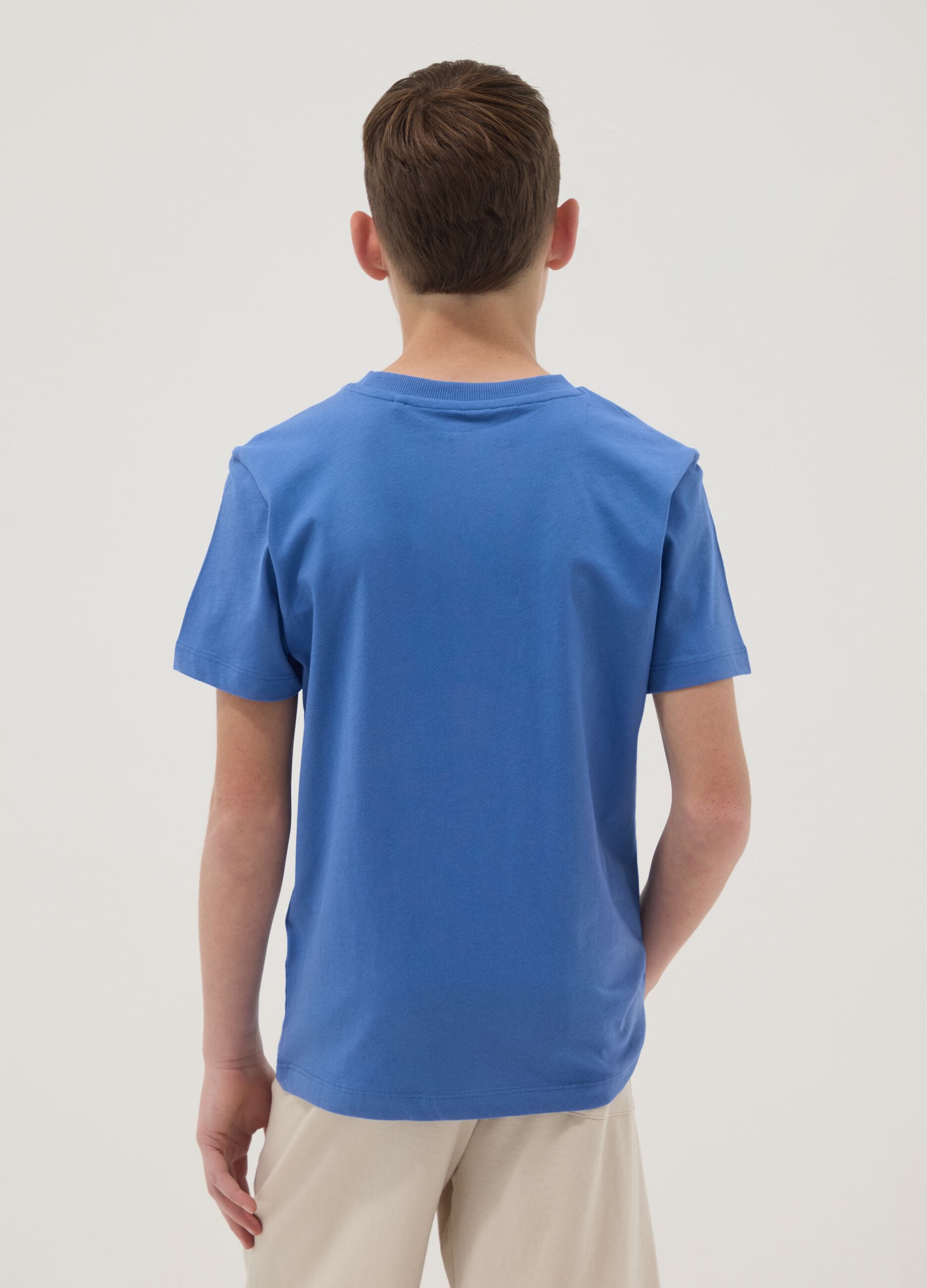 Blue short-sleeved T-shirt in pure organic cotton for boys